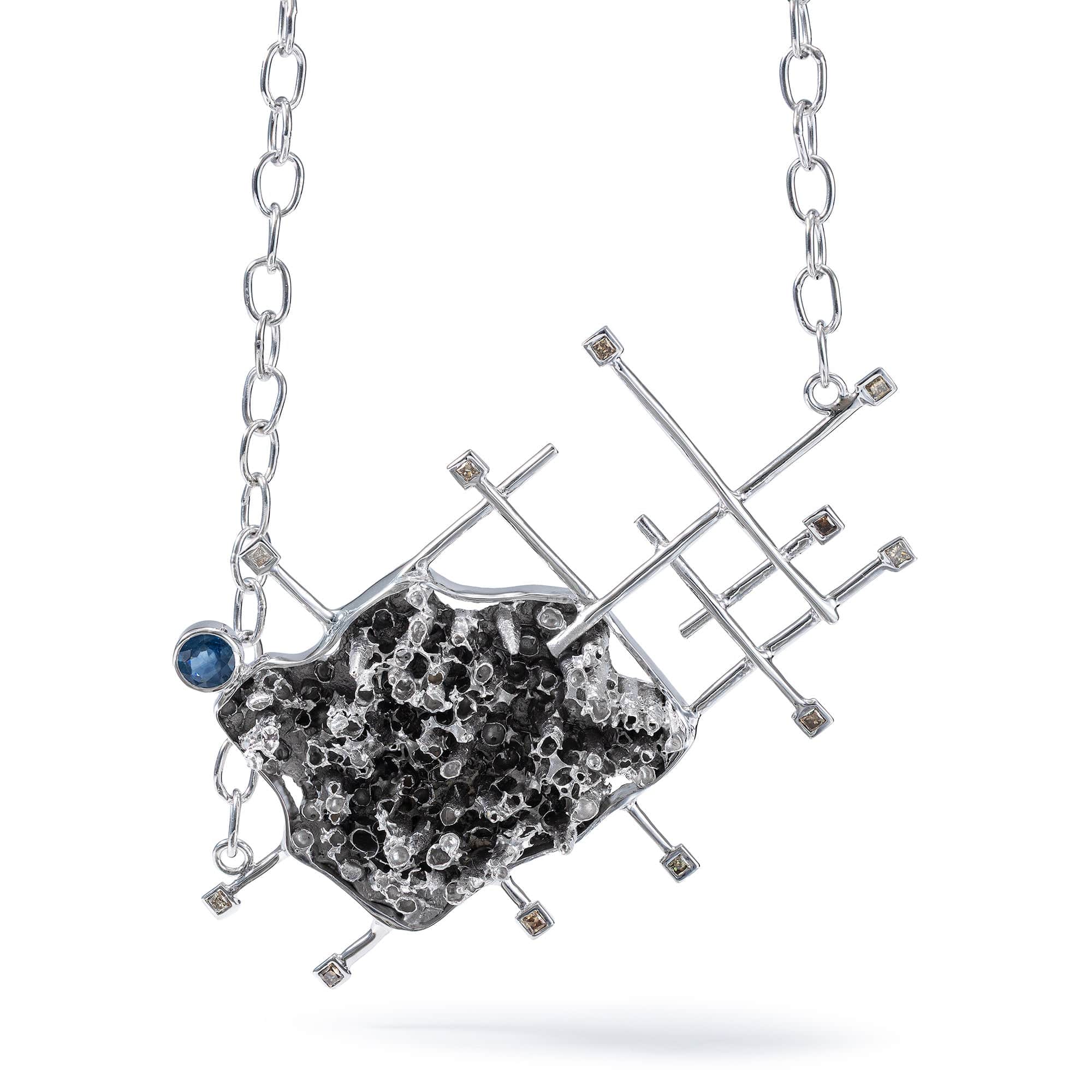 Chiselon Singular Edition Silver Necklace with Blue Sapphire & Fancy Diamonds