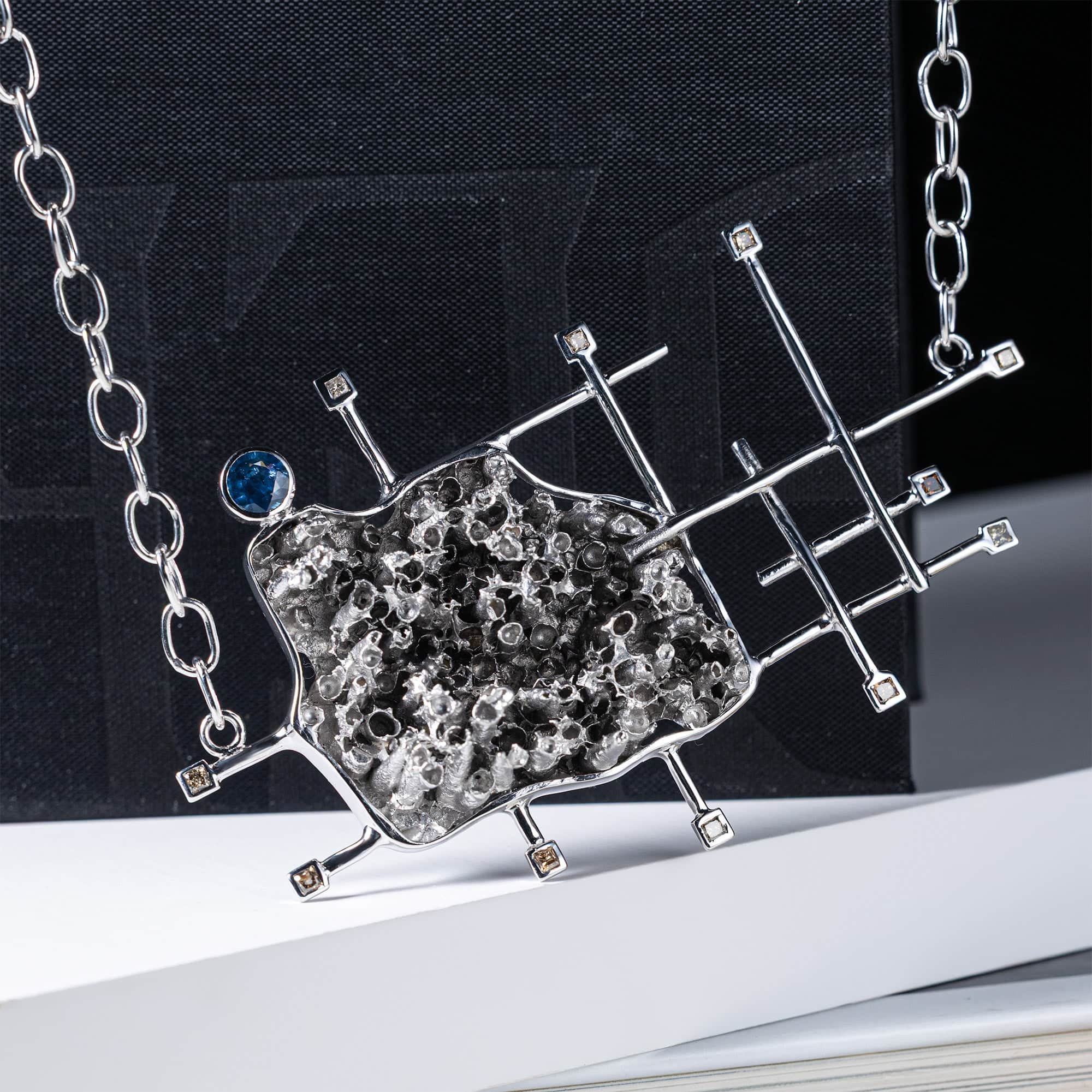 Chiselon Singular Edition Silver Necklace with Blue Sapphire & Fancy Diamonds