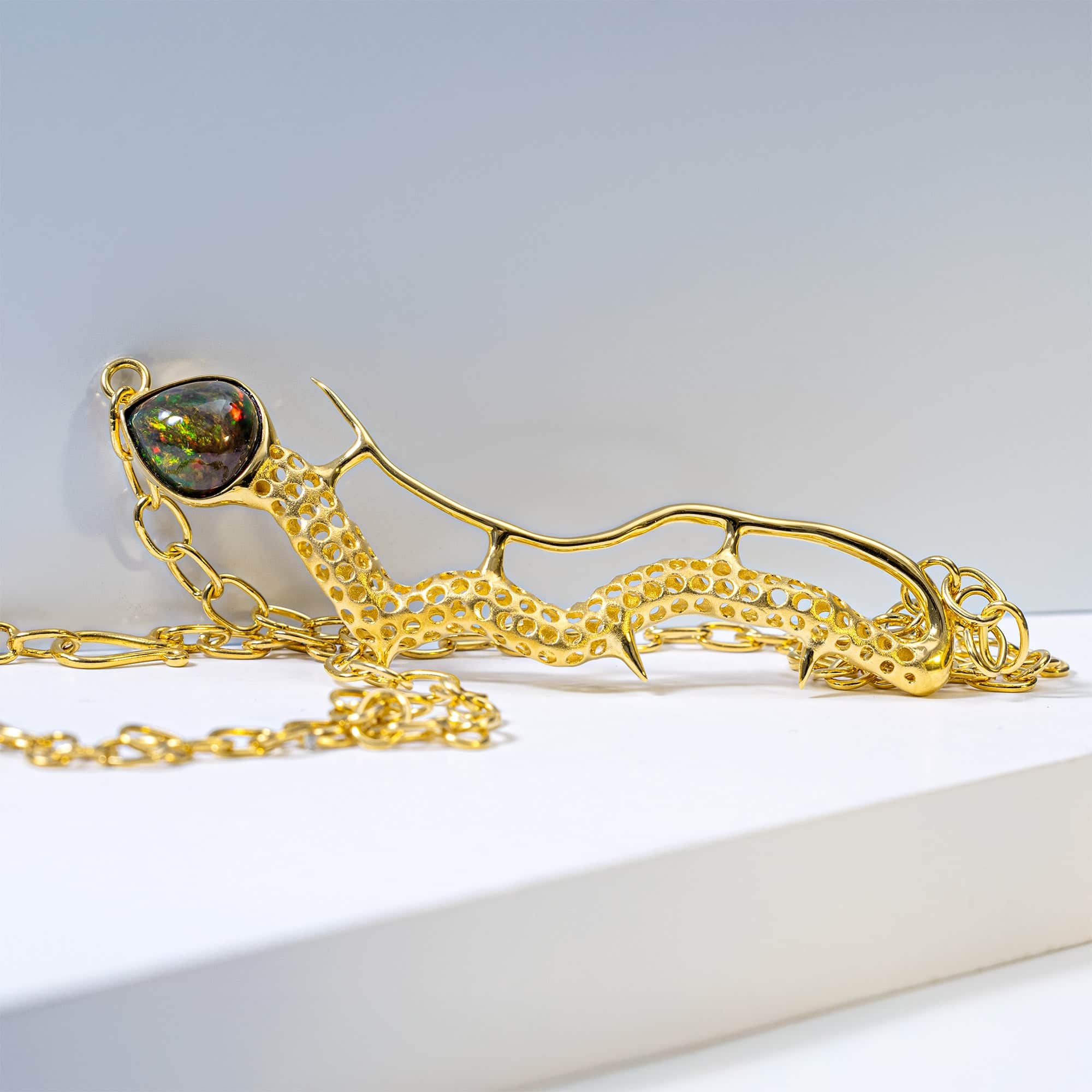 Camulus One of a Kind Silver Necklace in 14K Gold With Black Opal