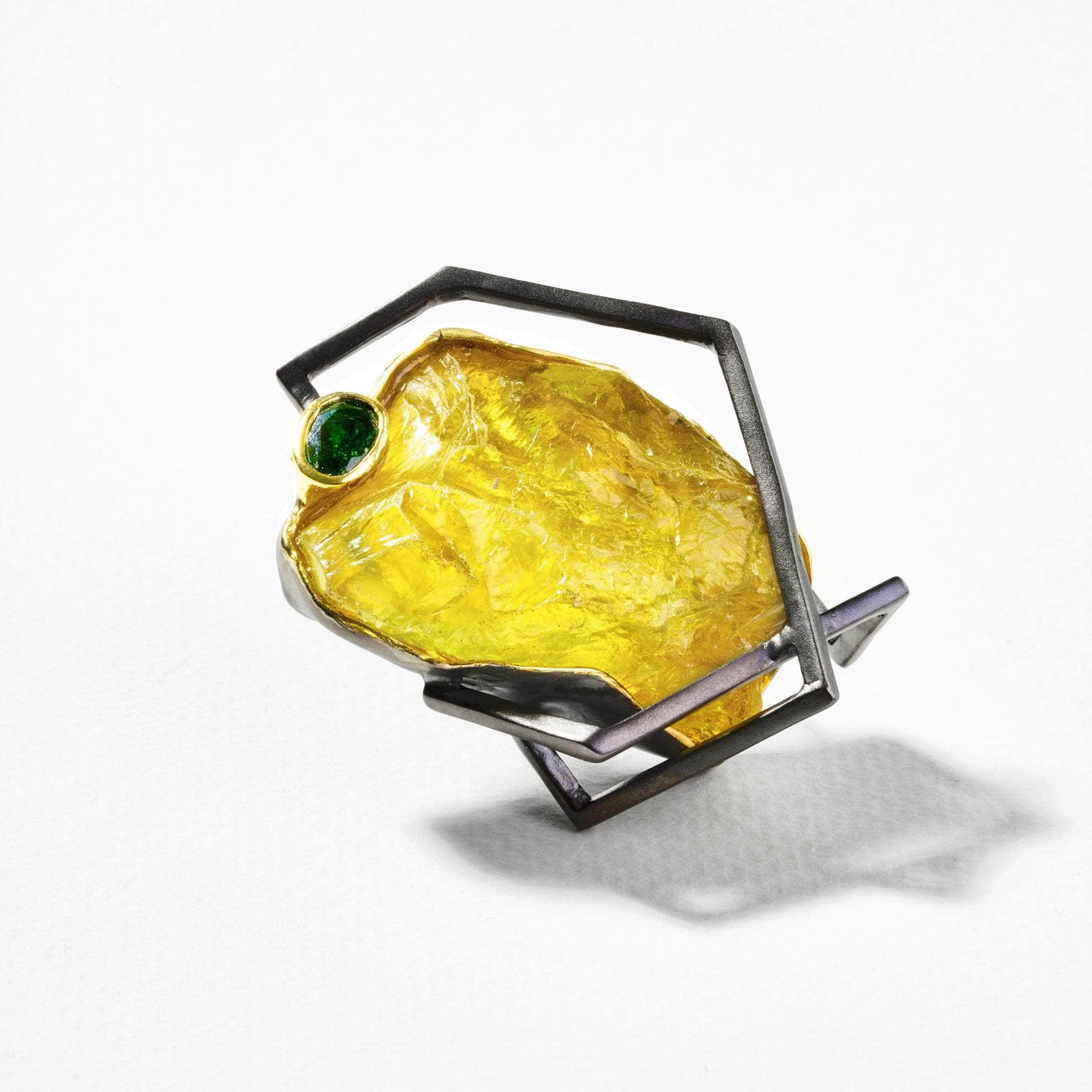 Kham Rough Lemon Quartz and Chrome Diopside Brooch GERMAN KABIRSKI