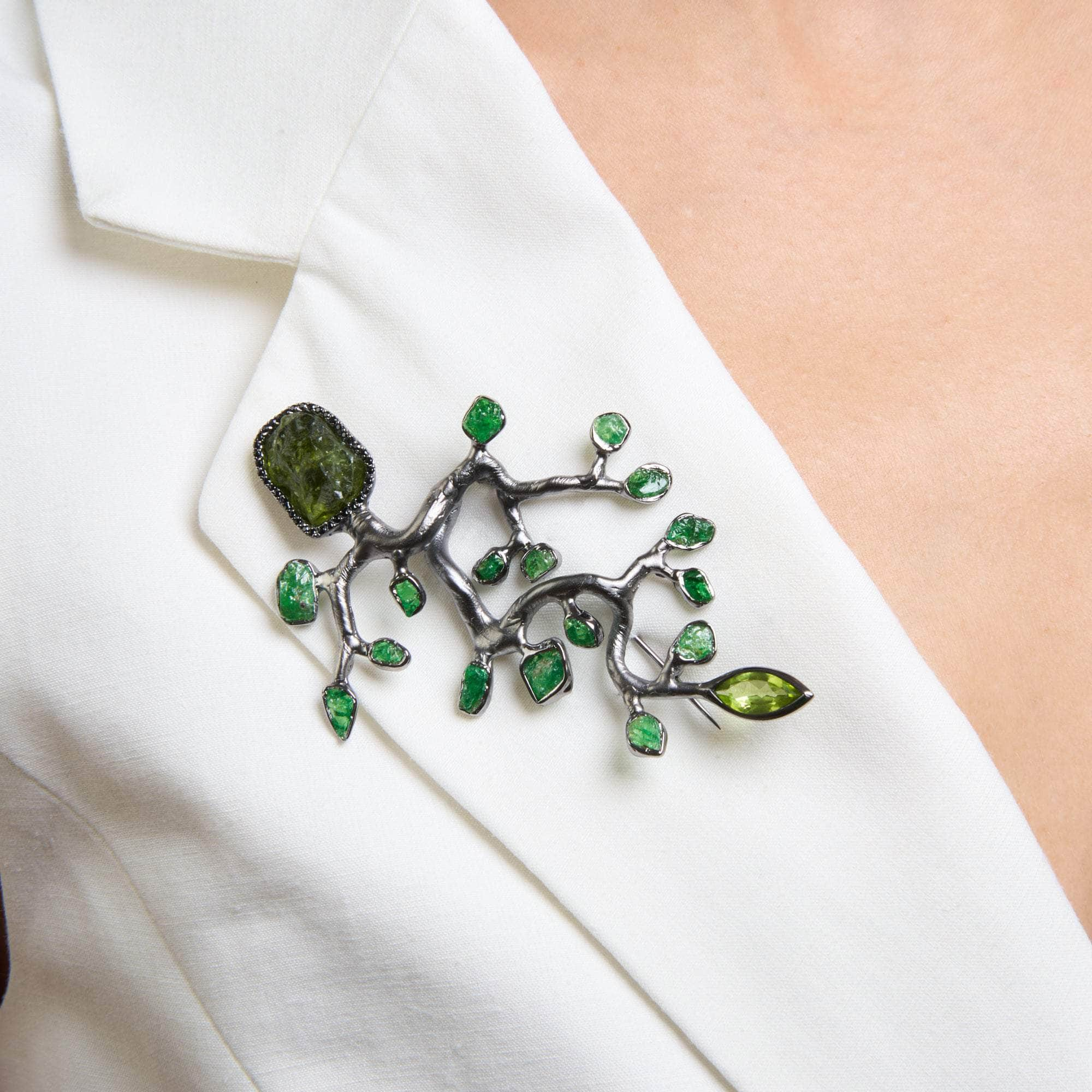 Atara Rough Tsavorite and Rough Peridot and Black Spinel Brooch GERMAN KABIRSKI