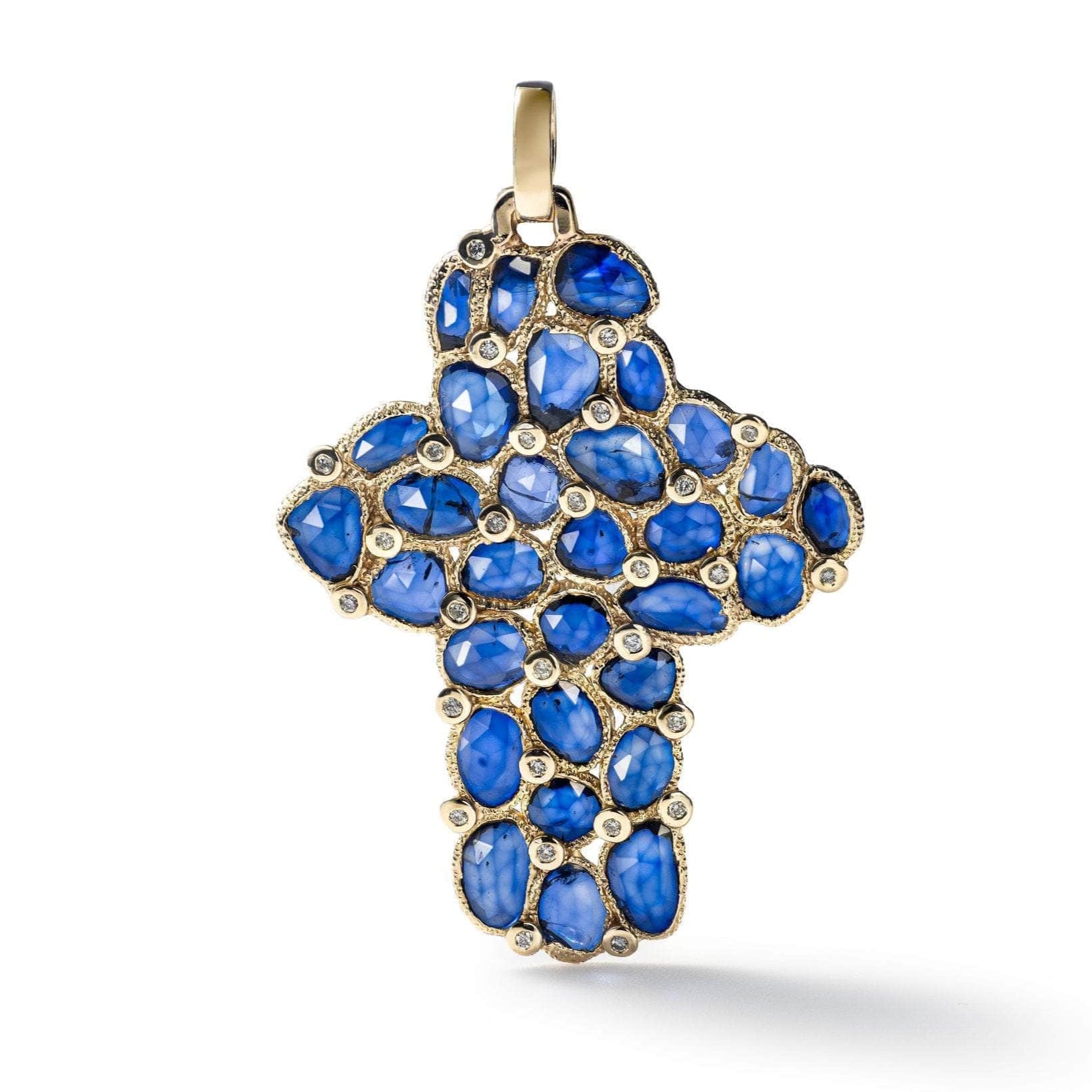 Asmani 14K Gold Cross Pendant with Sapphire and Diamonds Handcrafted as Stained Glass