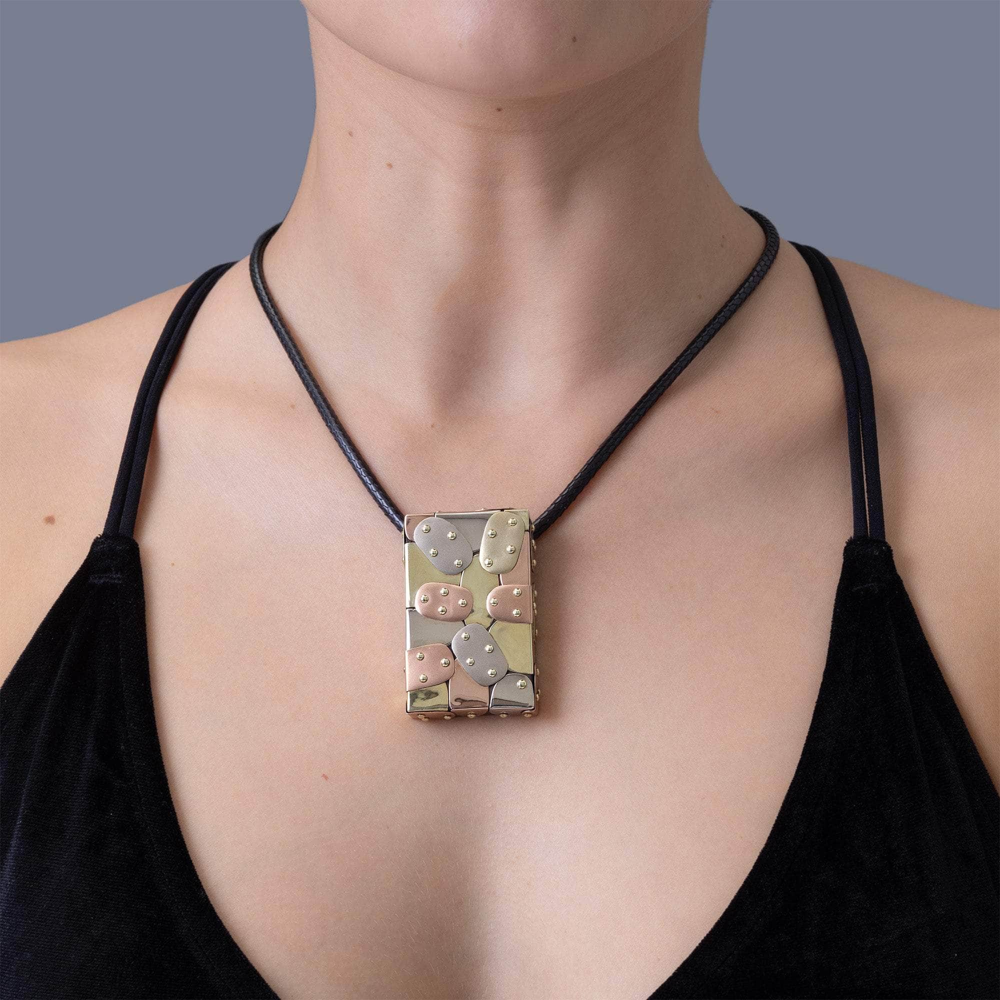 Tessera Unisex Rosewood Pendant Wrapped in 3-Tone 14K Gold Patches
