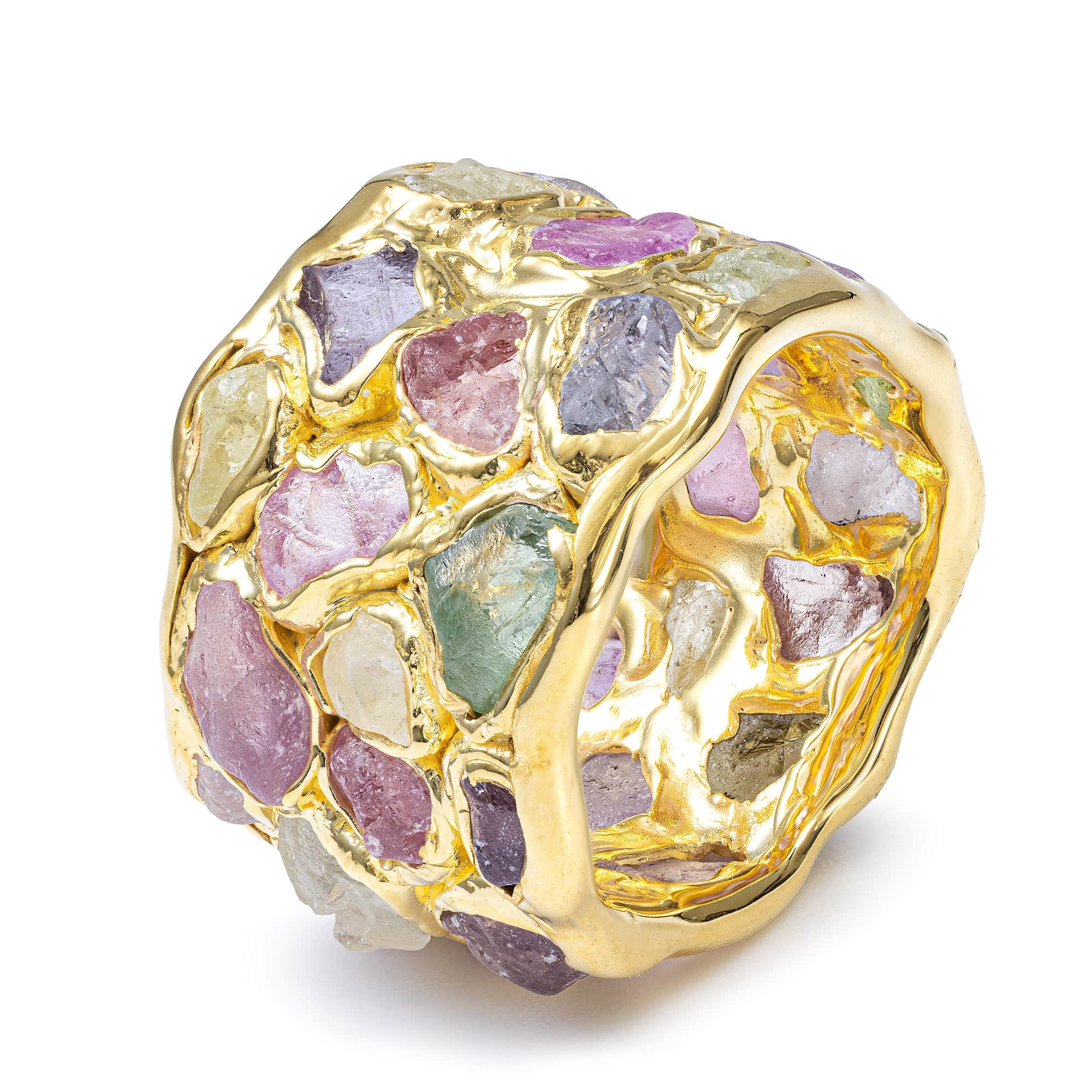 Elara Limited Edition Barrel Ring with Raw Fancy Sapphires in 14K Gold Plated Sterling Silver