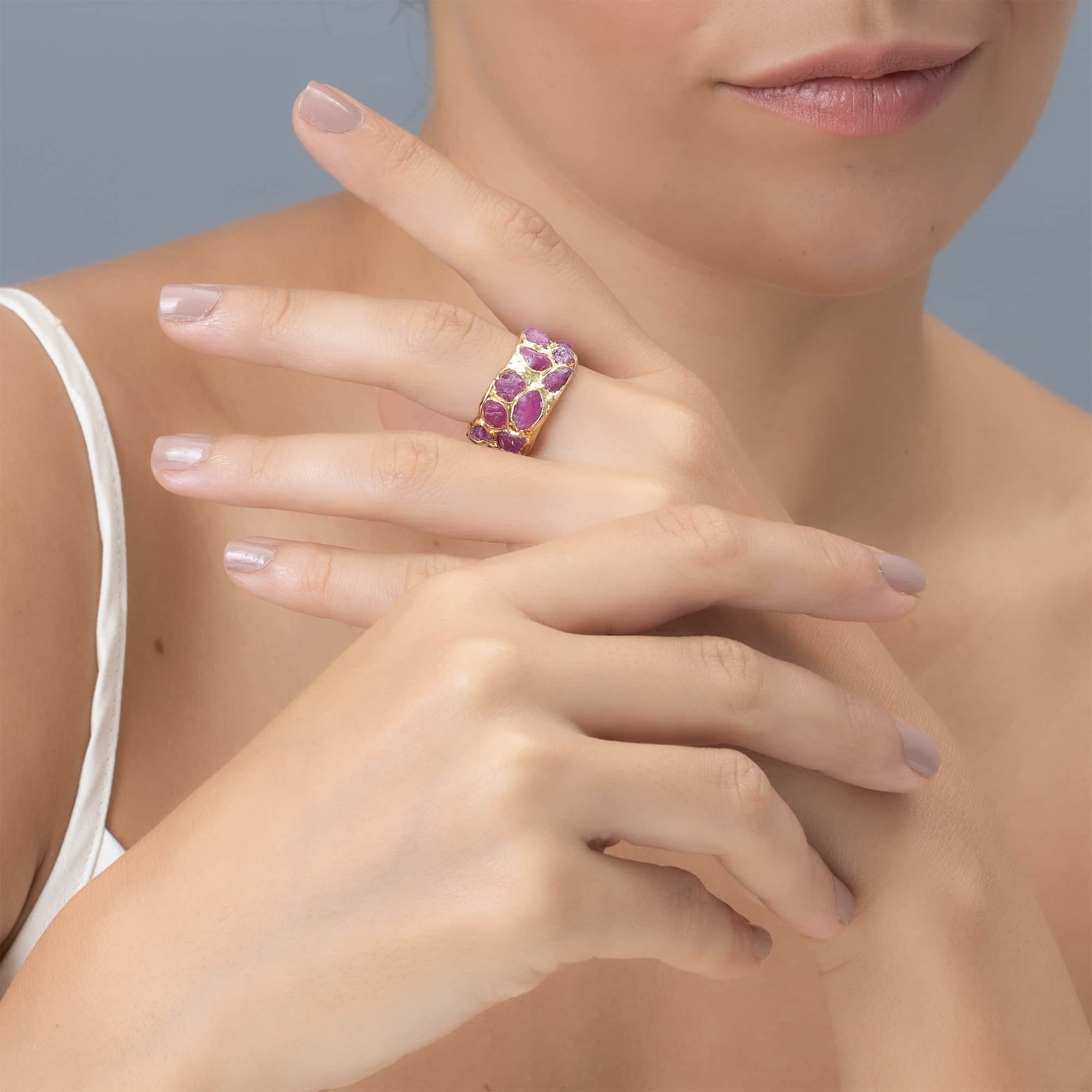 Enyo Handcrafted Barrel Ring with Rough Pink Sapphire in 14K Gold Plated Silver