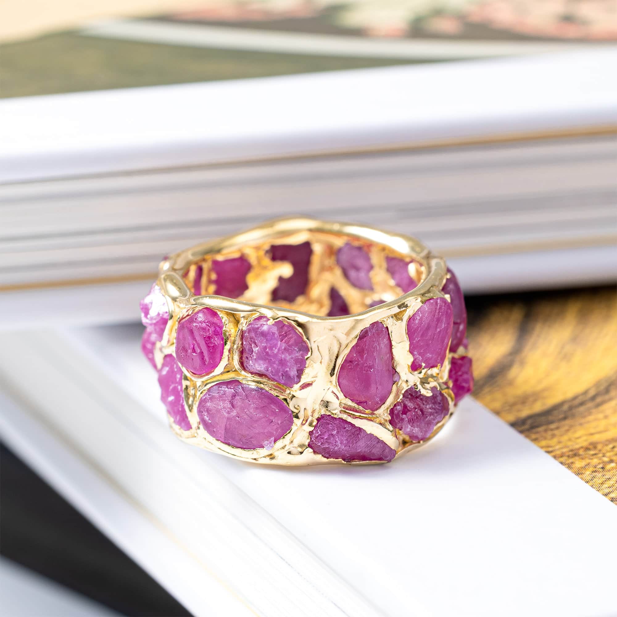 Enyo Handcrafted Barrel Ring with Rough Pink Sapphire in 14K Gold Plated Silver
