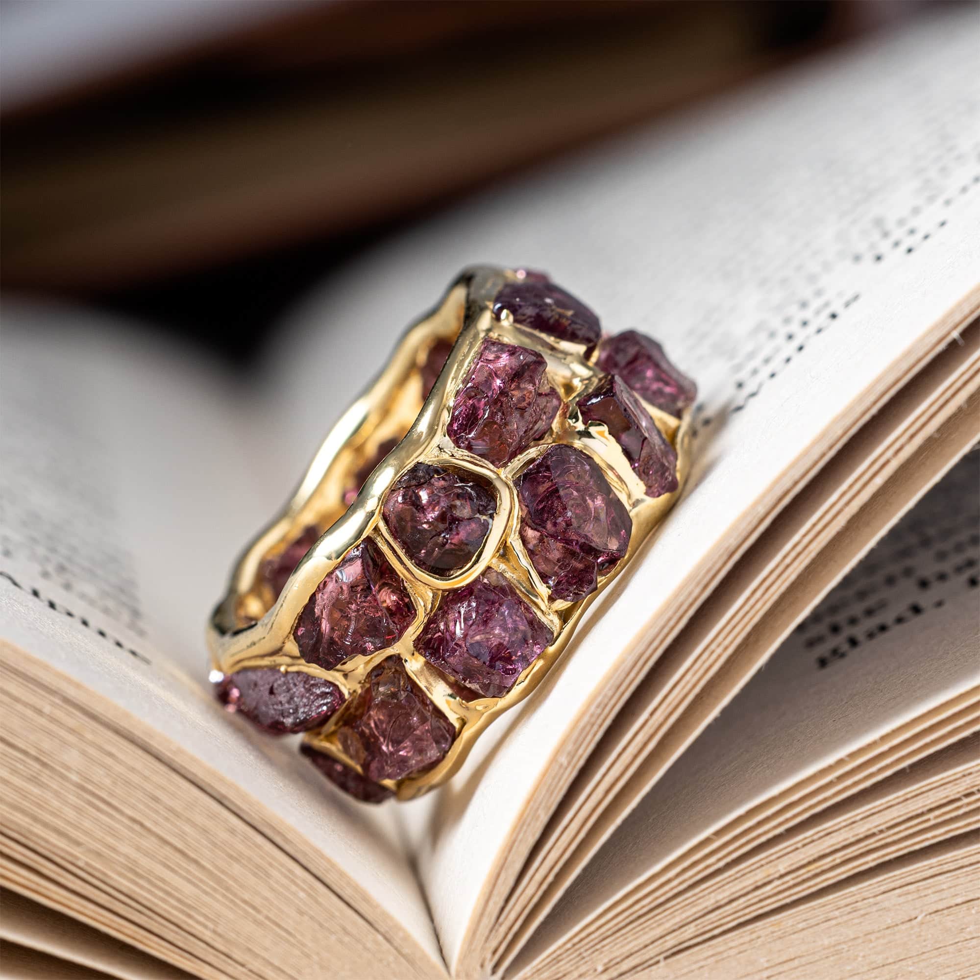 Enyo Handcrafted Barrel Ring with Rough Pyrope Garnet in 14K Gold Plated Silver