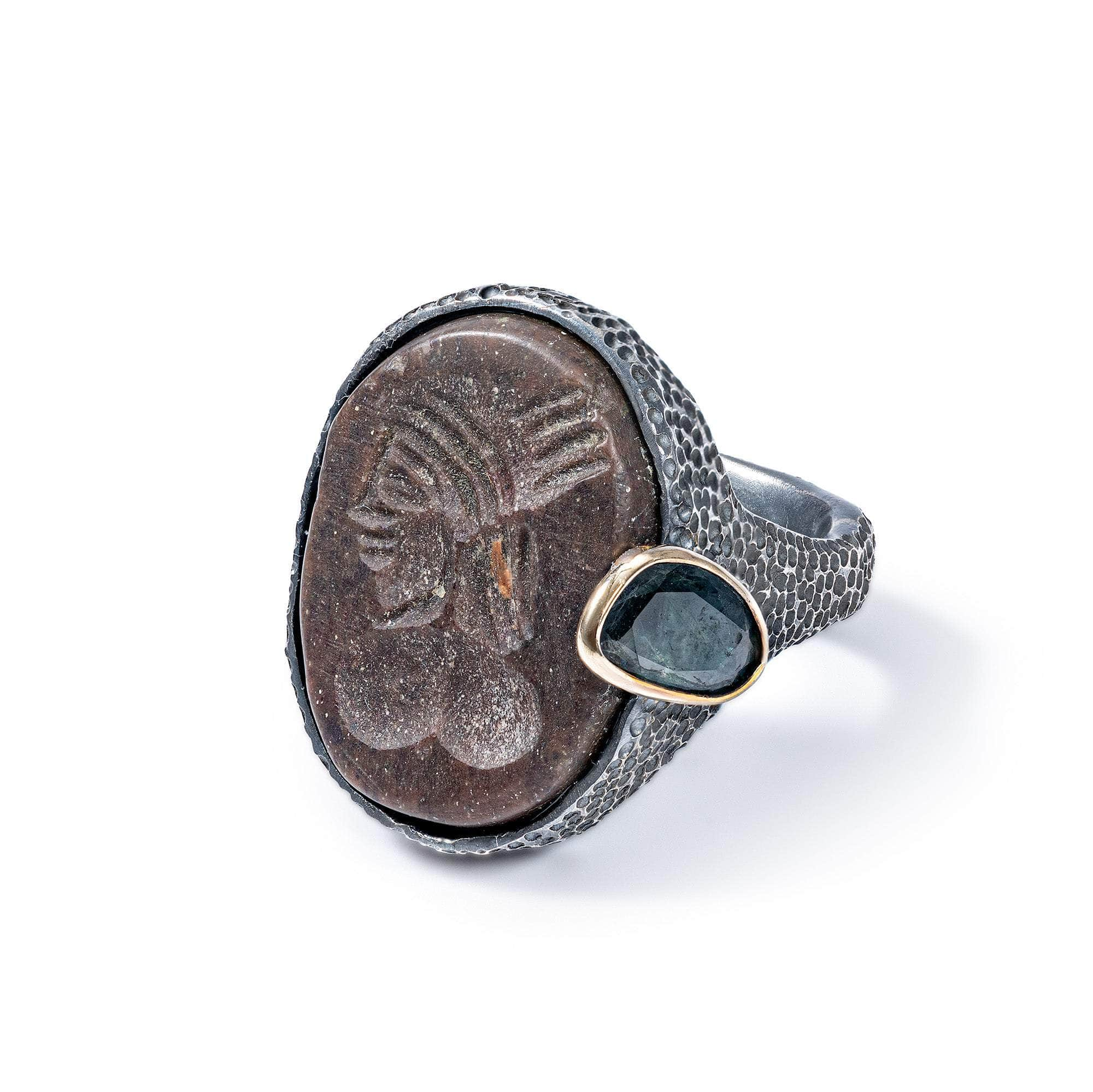 Ardashir 925 Silver Signet Ring with Genuine Sasanian Agate Intaglio Seal with Sapphire in 9K Gold