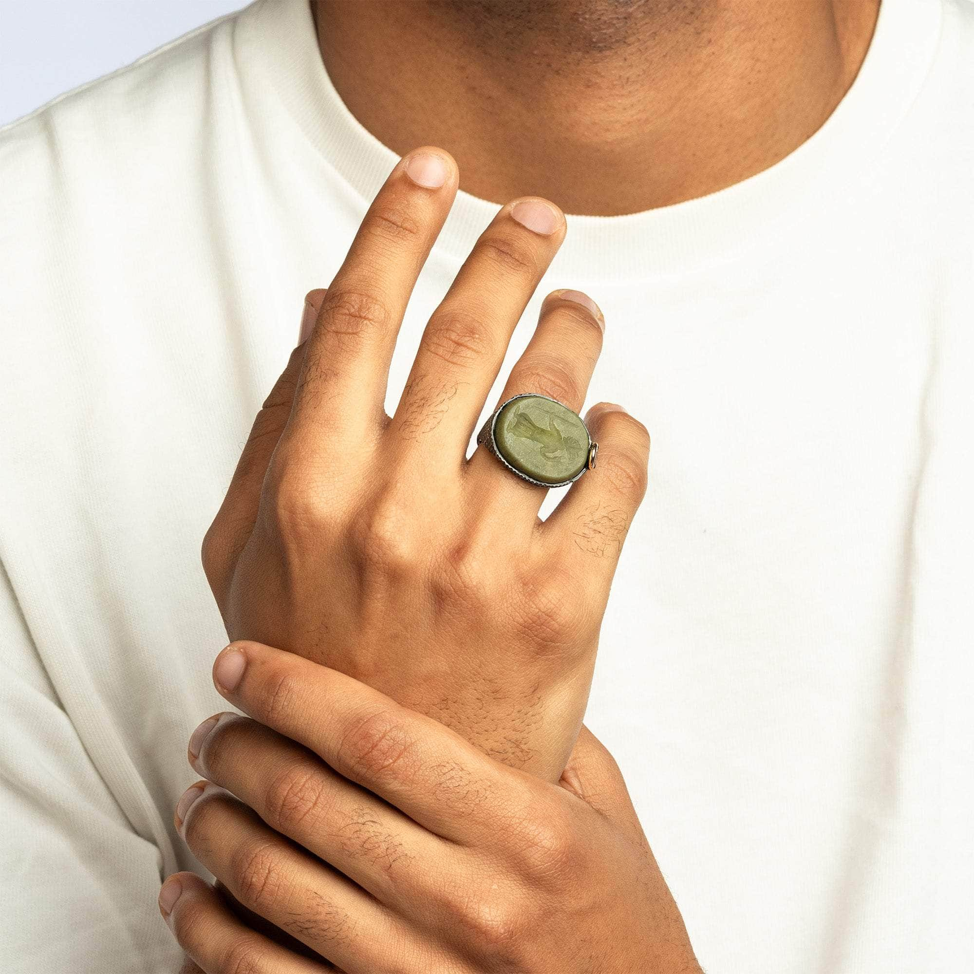 Shapur Signet 925 Silver Ring with Genuine Sasanian Intaglio Seal and Sapphire in 9K Gold