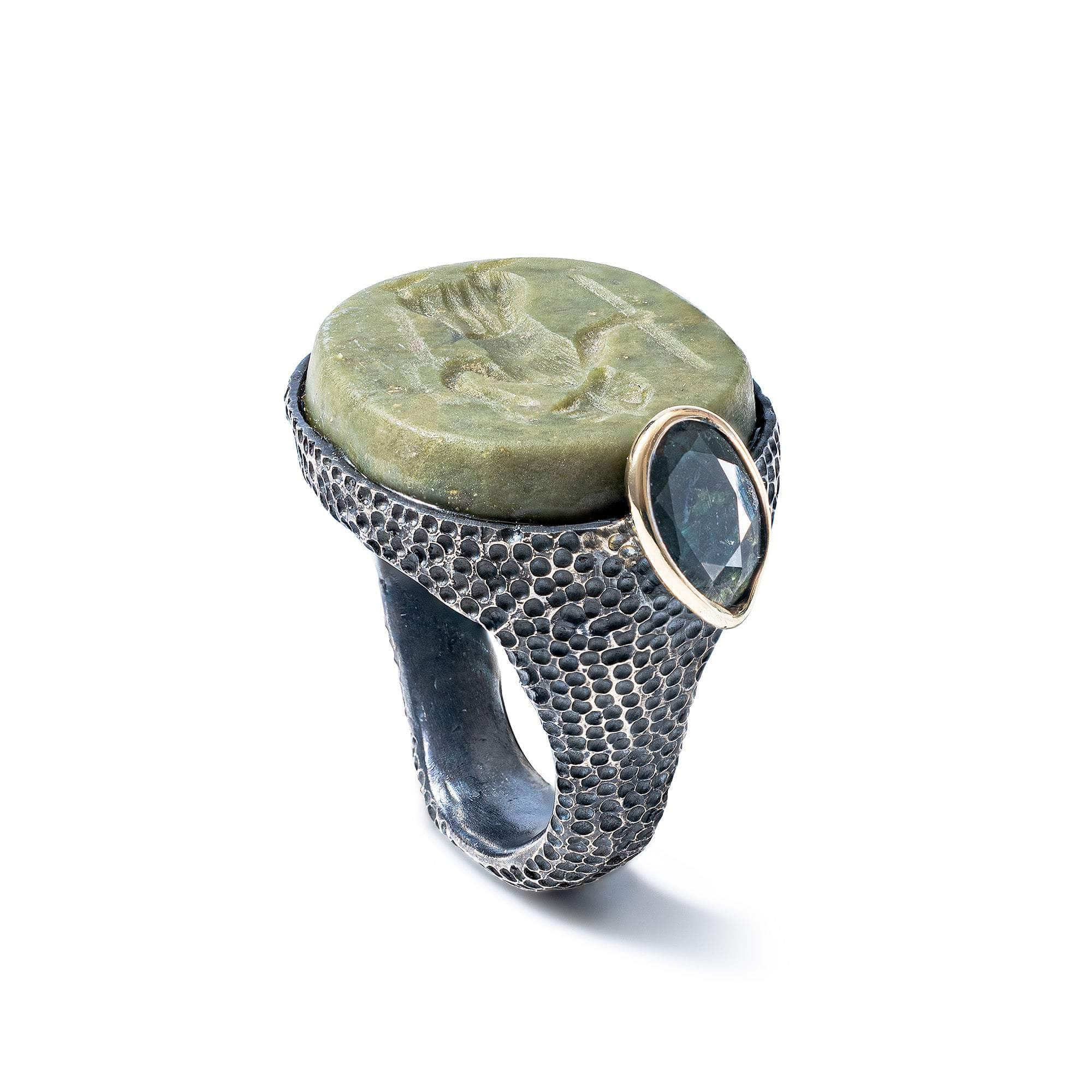 Shapur Signet 925 Silver Ring with Genuine Sasanian Intaglio Seal and Sapphire in 9K Gold