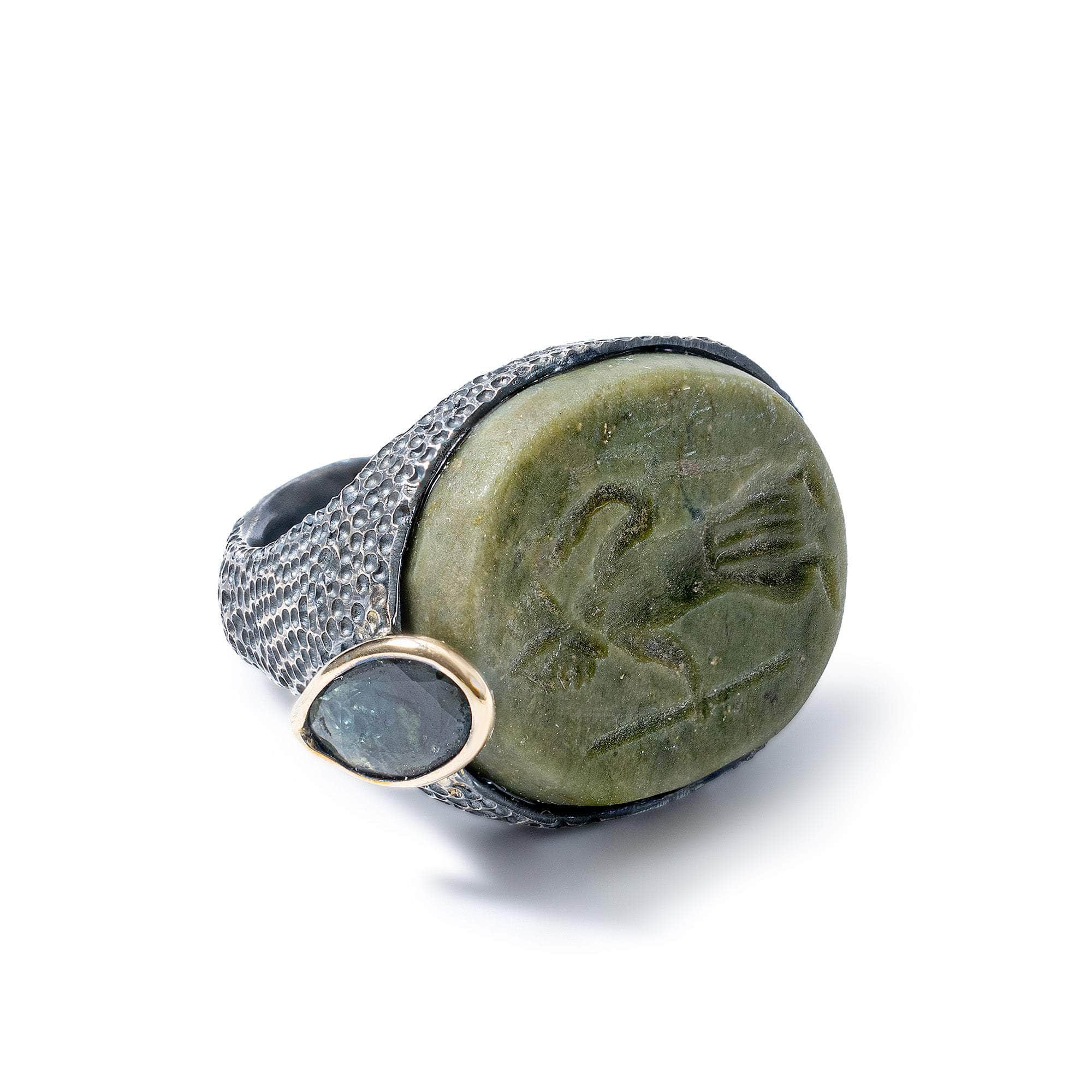 Shapur Signet 925 Silver Ring with Genuine Sasanian Intaglio Seal and Sapphire in 9K Gold