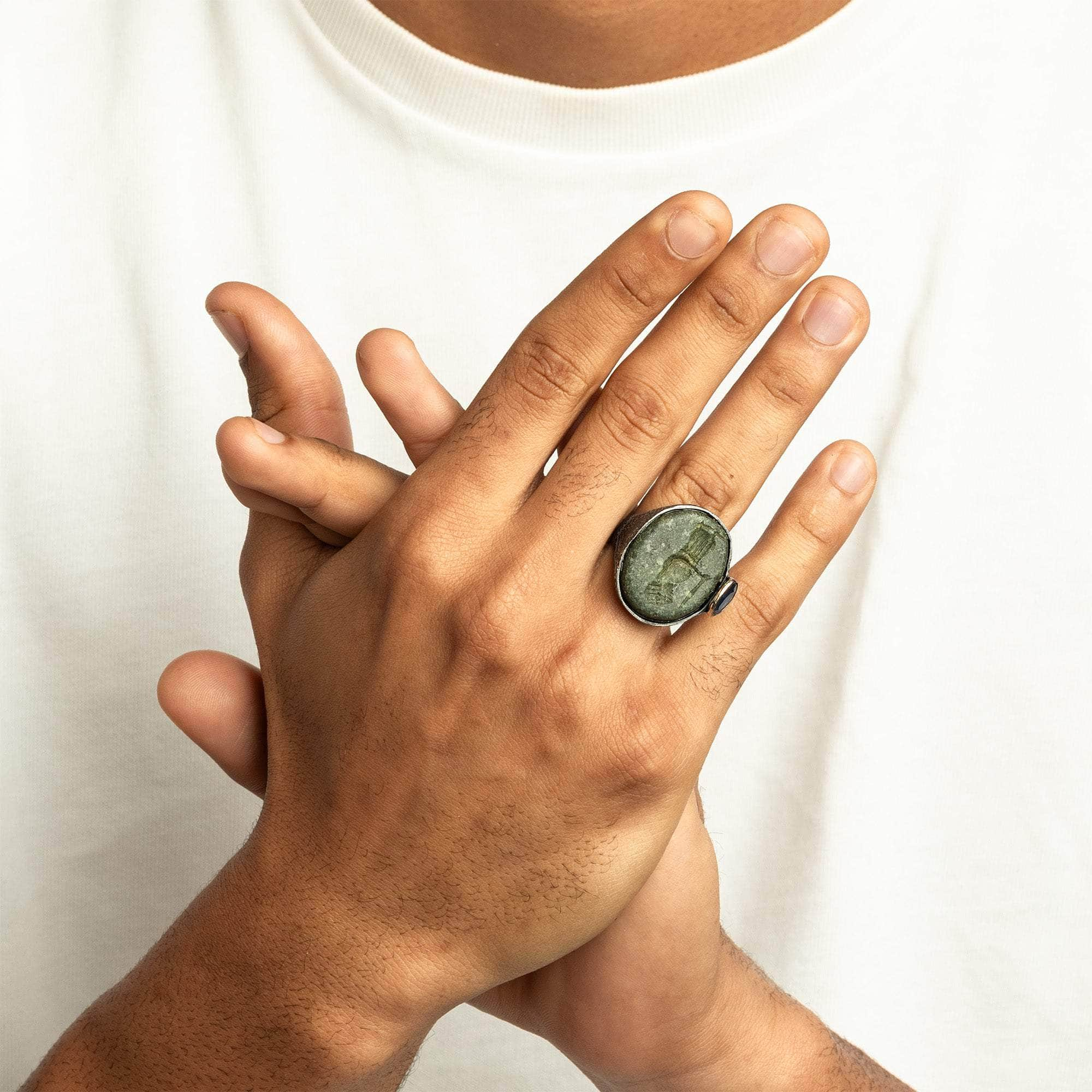 Persis Authentic Sasanian Serpentine Signet Ring in 925 Silver with Sapphire in 9K Gold