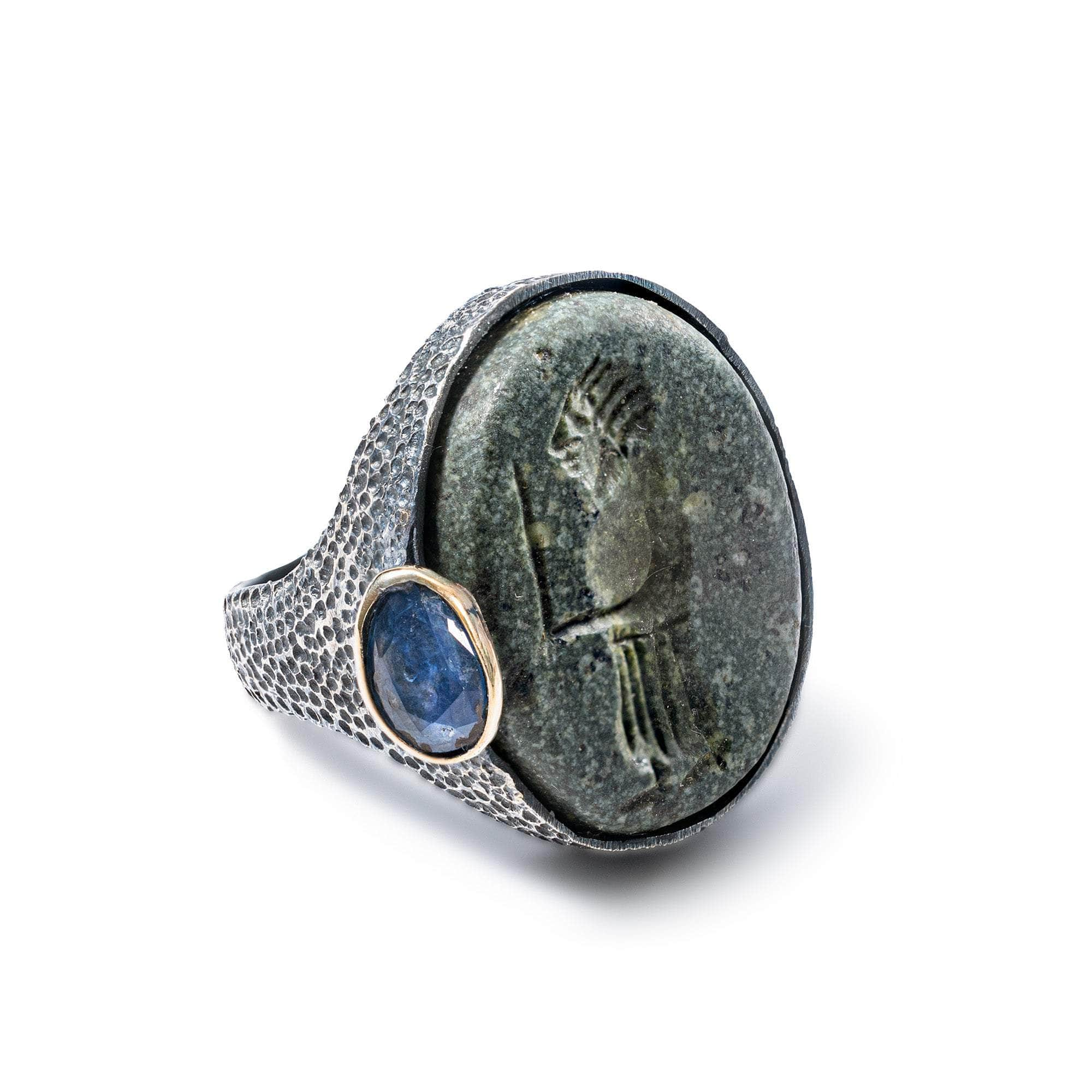 Persis Authentic Sasanian Serpentine Signet Ring in 925 Silver with Sapphire in 9K Gold