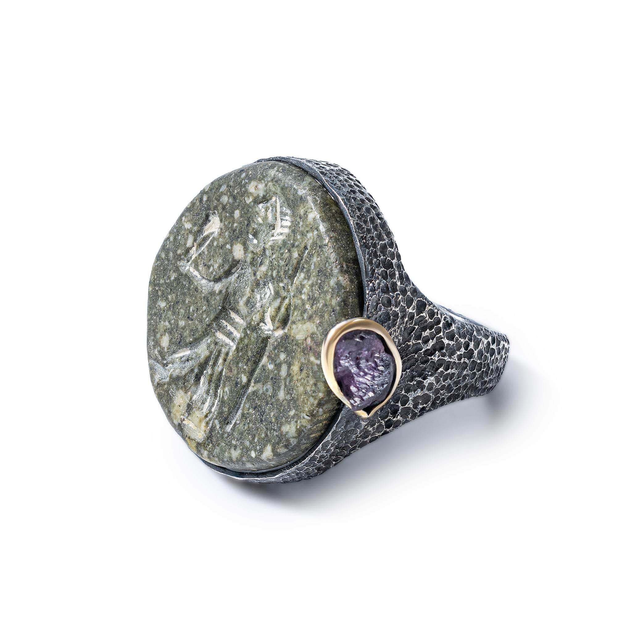 Nisa Genuine Sasanian Intaglio Signet Ring in 925 Silver with Raw Spinel in 9K Gold