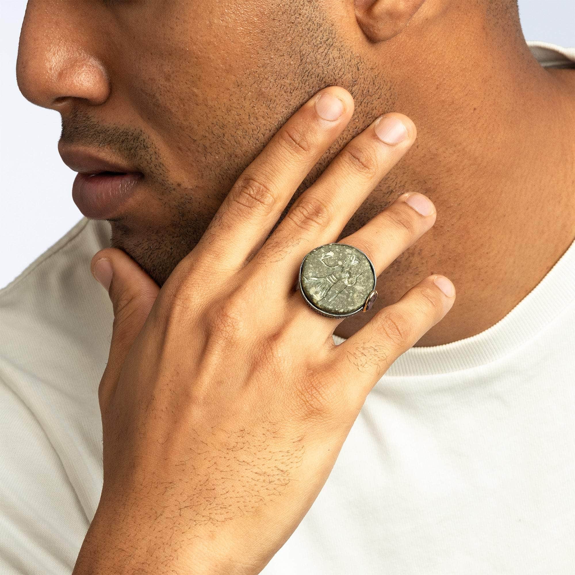 Nisa Genuine Sasanian Intaglio Signet Ring in 925 Silver with Raw Spinel in 9K Gold