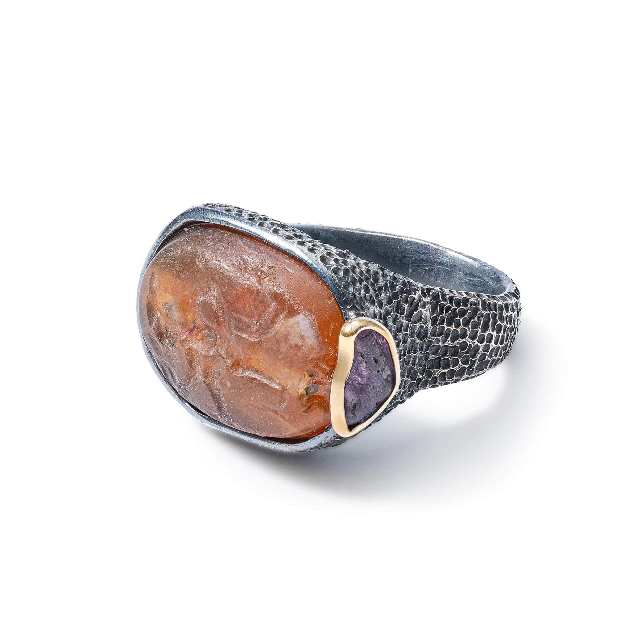 Caere Authentic Etruscan Carnelian Signet Ring in 925 Silver with Raw Ruby in 9K Gold