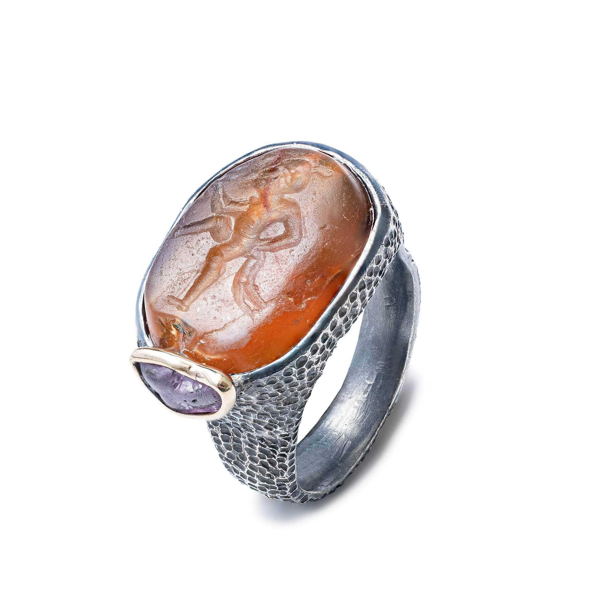 Caere Authentic Etruscan Carnelian Signet Ring in 925 Silver with Raw Ruby in 9K Gold