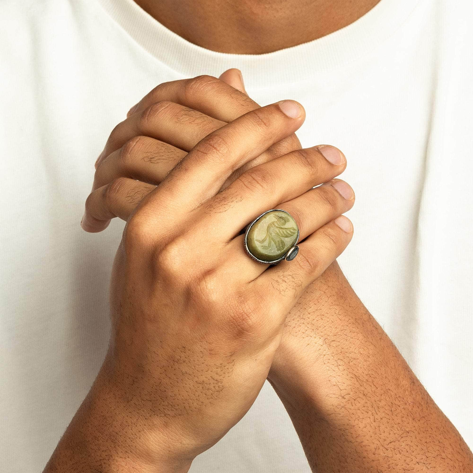 Simurgh 925 Silver Signet Ring with Authentic Serpentine Phoenix Seal & Sapphire in 9K Gold