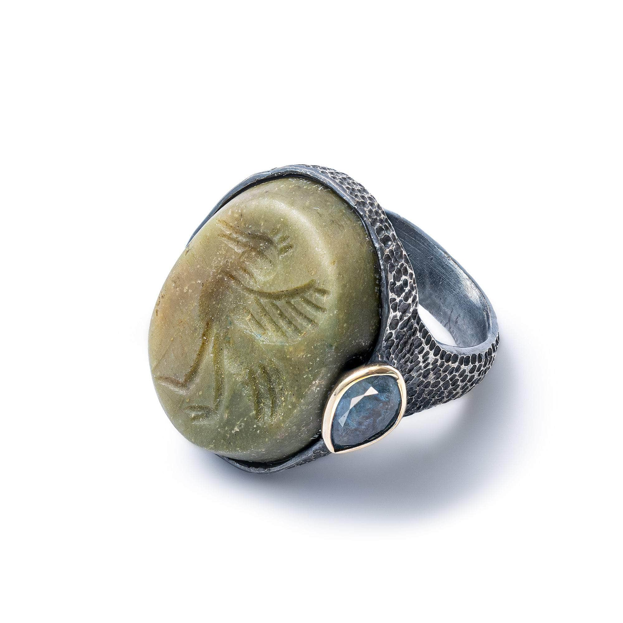 Simurgh 925 Silver Signet Ring with Authentic Serpentine Phoenix Seal & Sapphire in 9K Gold