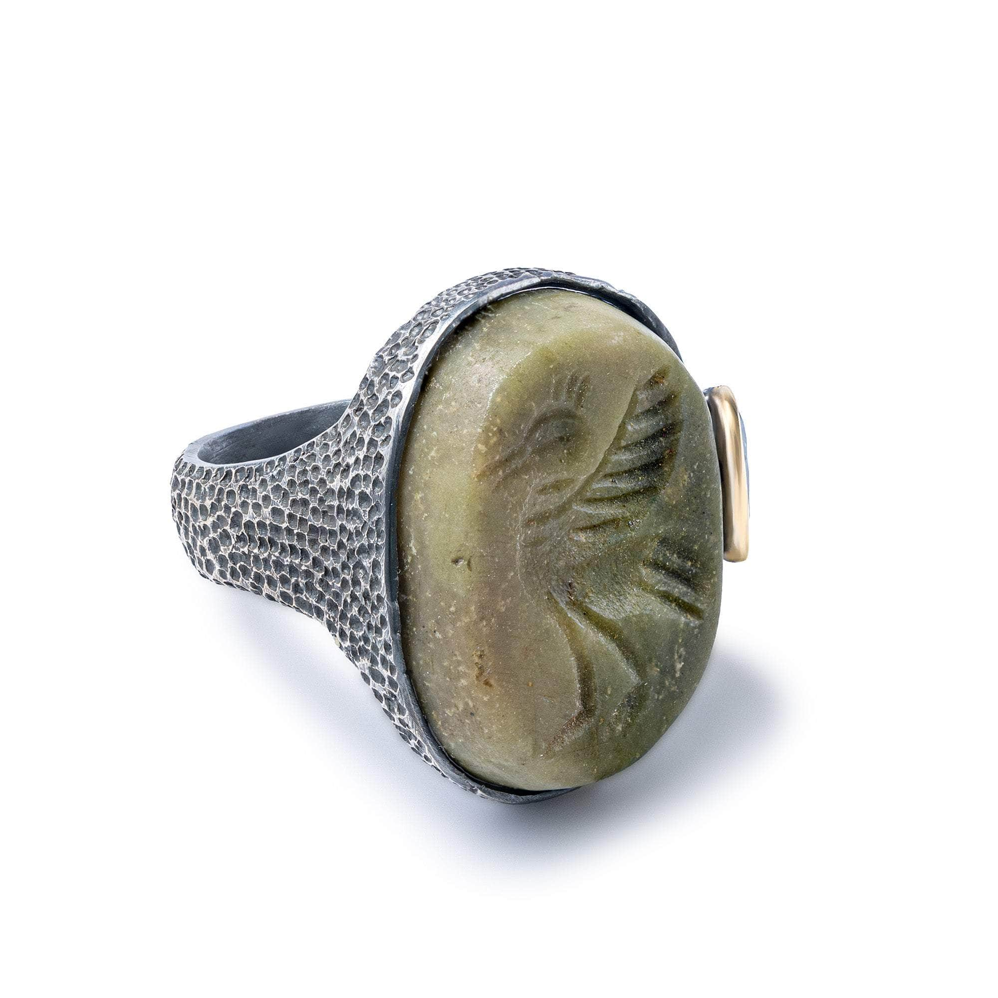 Simurgh 925 Silver Signet Ring with Authentic Serpentine Phoenix Seal & Sapphire in 9K Gold