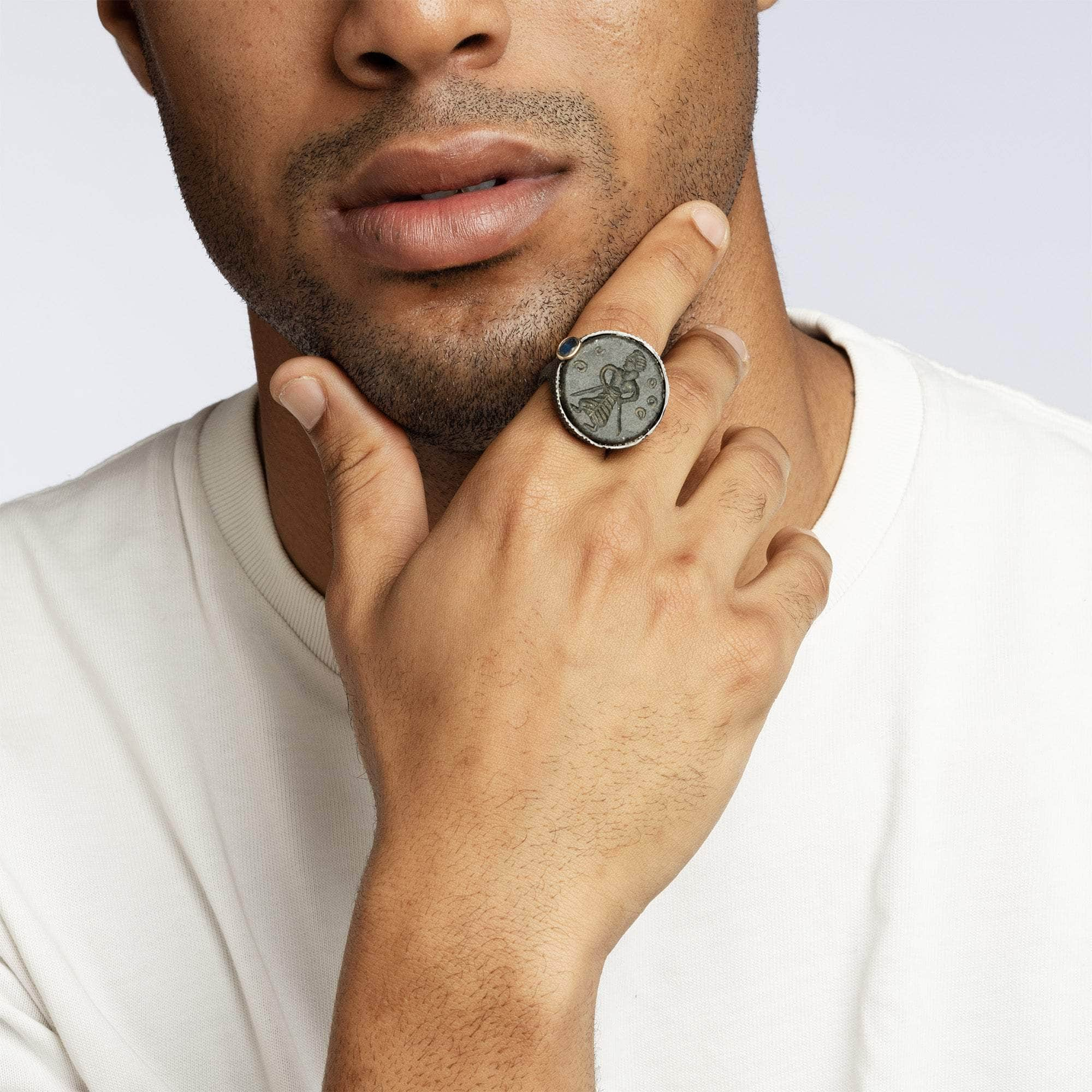 Gabae Signet Ring with Authentic Sasanian Seal in 925 Silver & Sapphire in 9K Gold