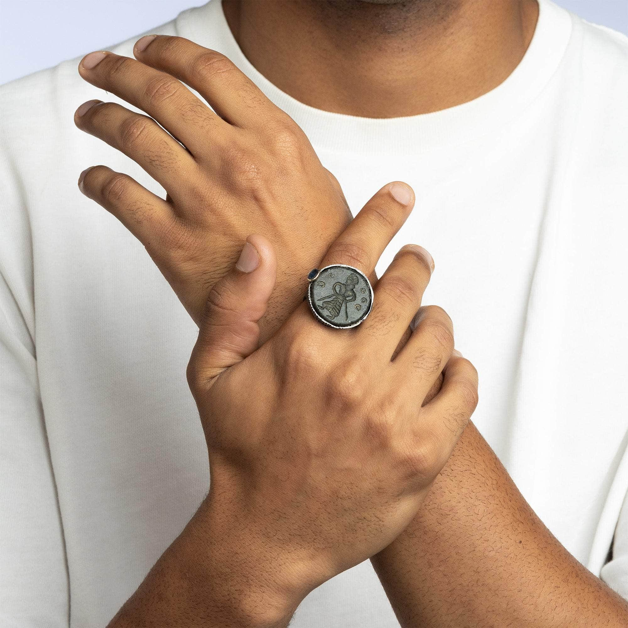 Gabae Signet Ring with Authentic Sasanian Seal in 925 Silver & Sapphire in 9K Gold