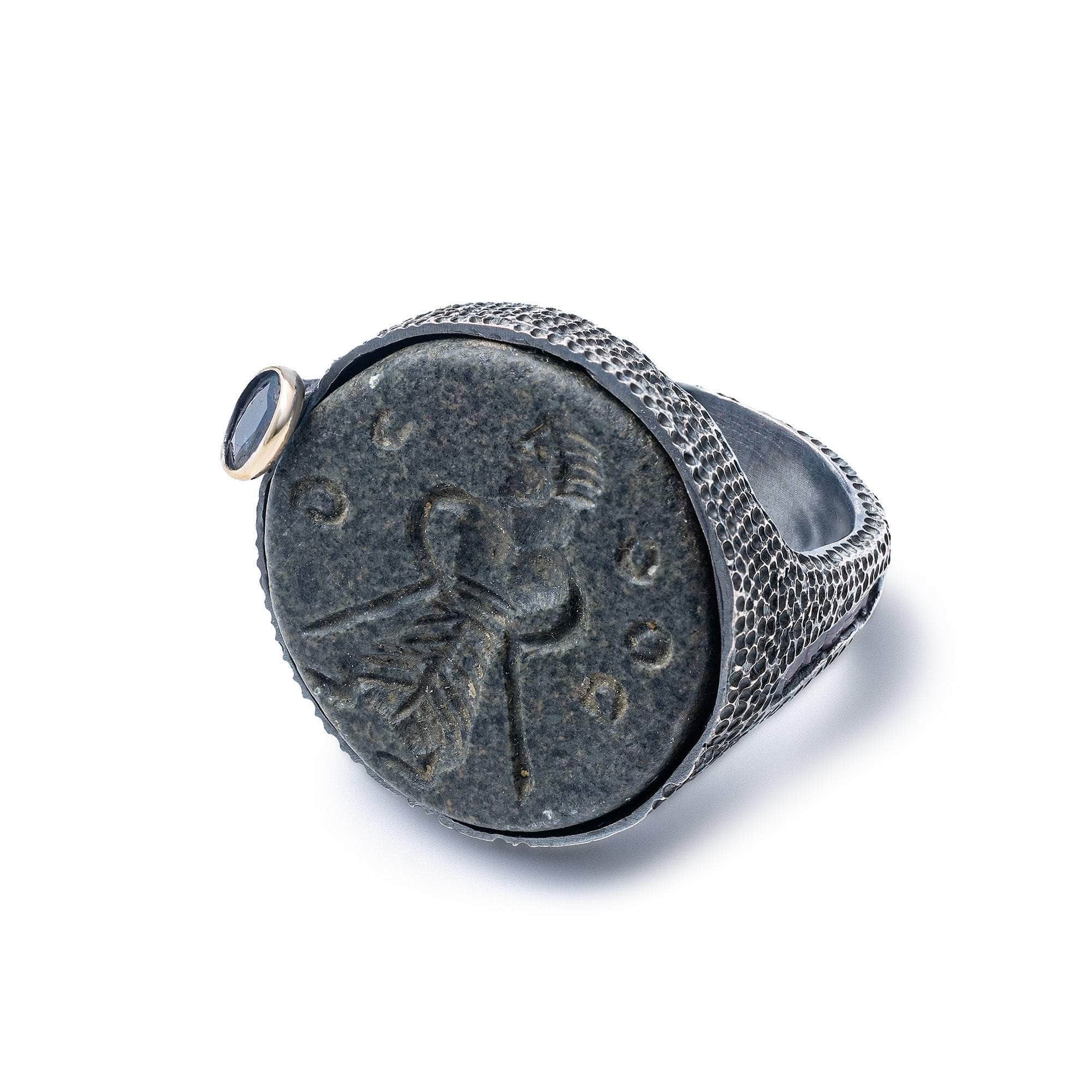 Gabae Signet Ring with Authentic Sasanian Seal in 925 Silver & Sapphire in 9K Gold