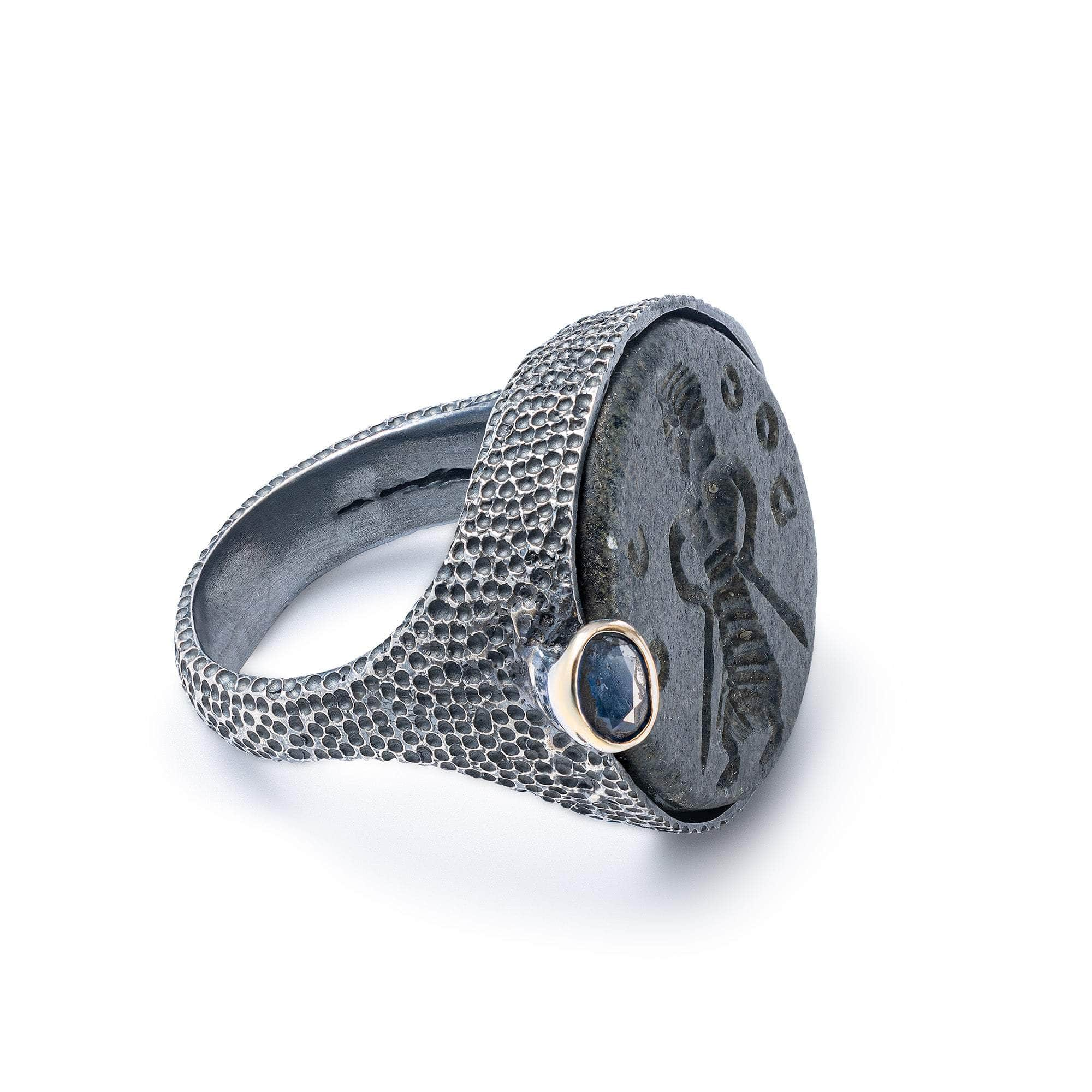 Gabae Signet Ring with Authentic Sasanian Seal in 925 Silver & Sapphire in 9K Gold