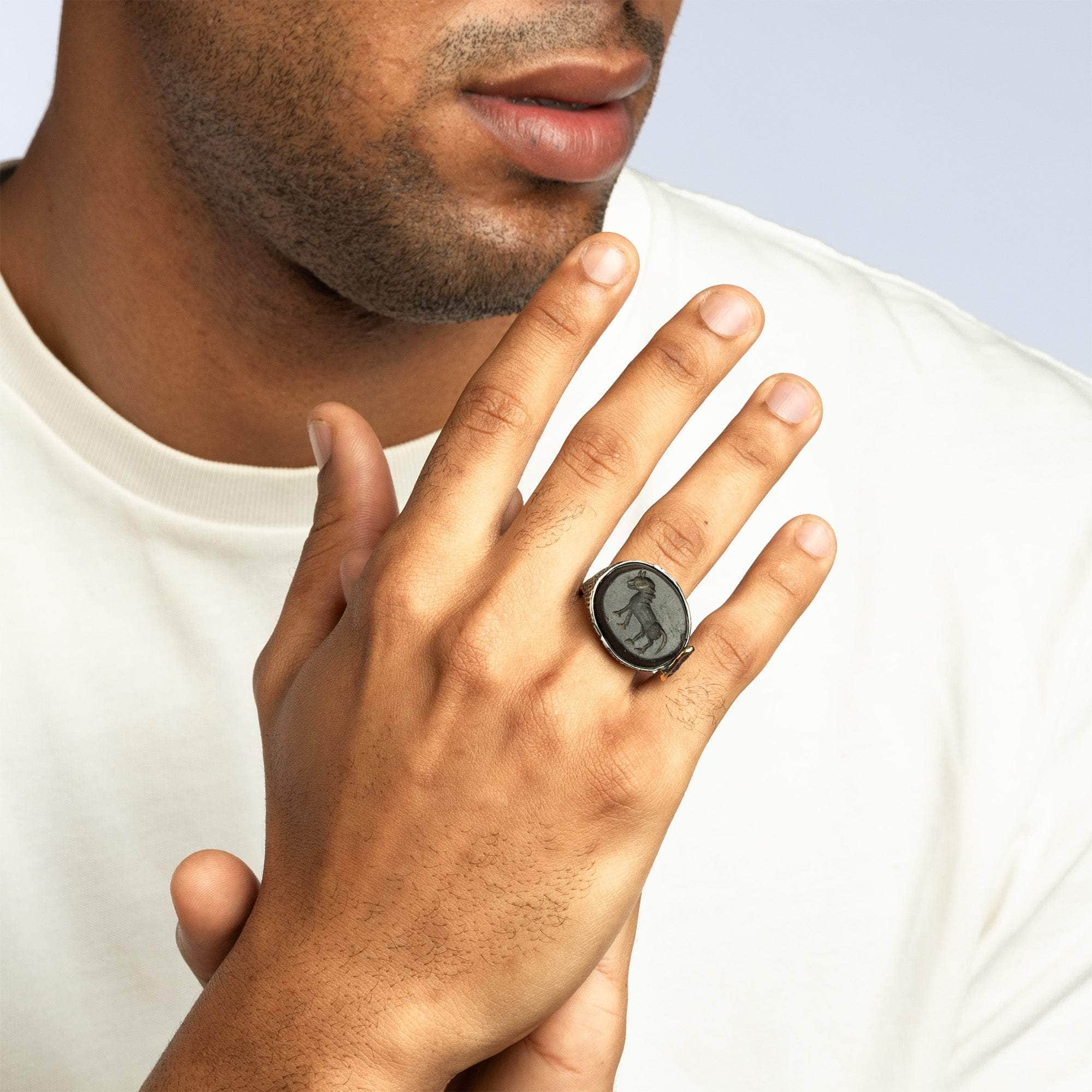 Asp 925 Silver Signet Ring with Genuine Mesopotamian Hematite Horse Seal & Raw Spinel in 9K Gold