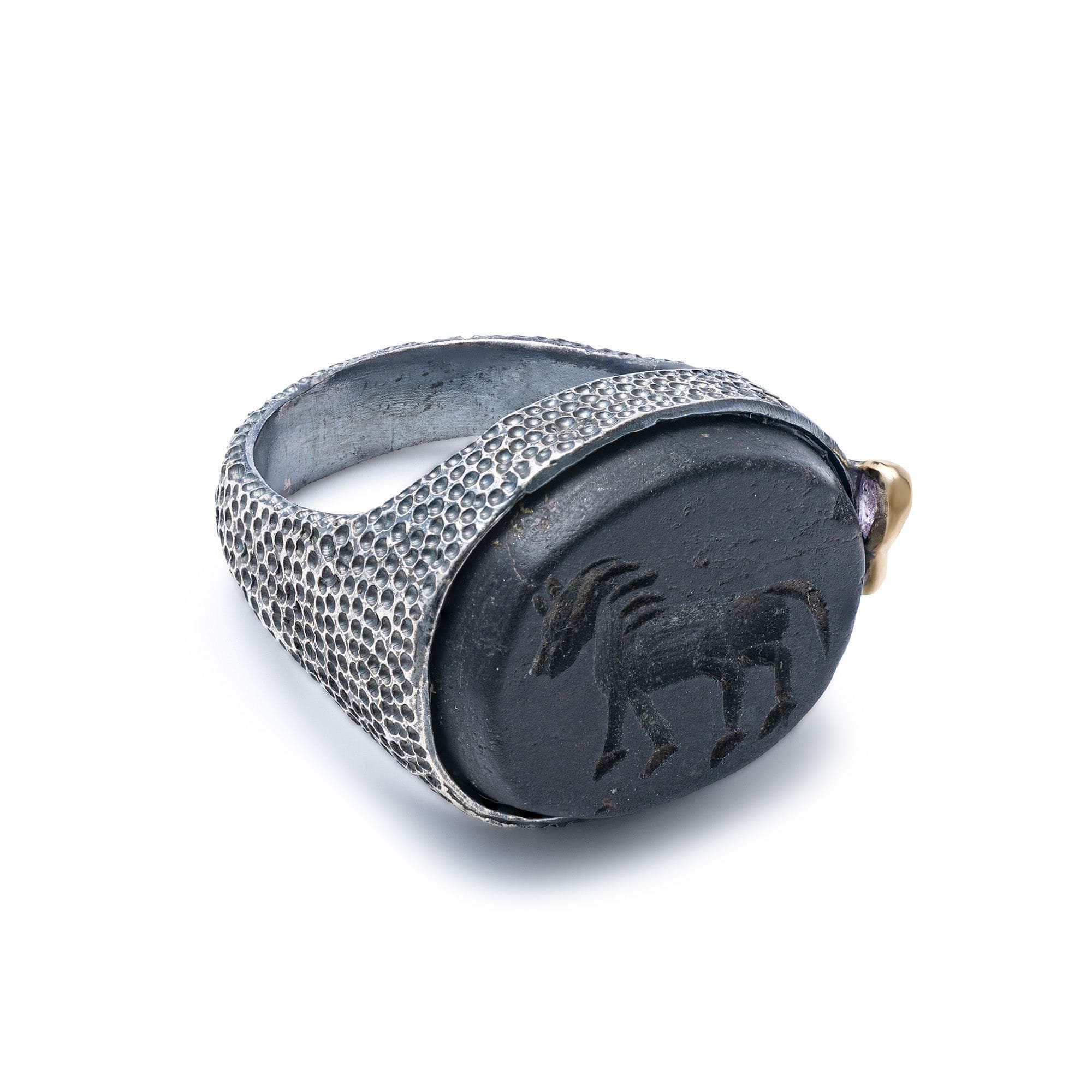 Asp 925 Silver Signet Ring with Genuine Mesopotamian Hematite Horse Seal & Raw Spinel in 9K Gold