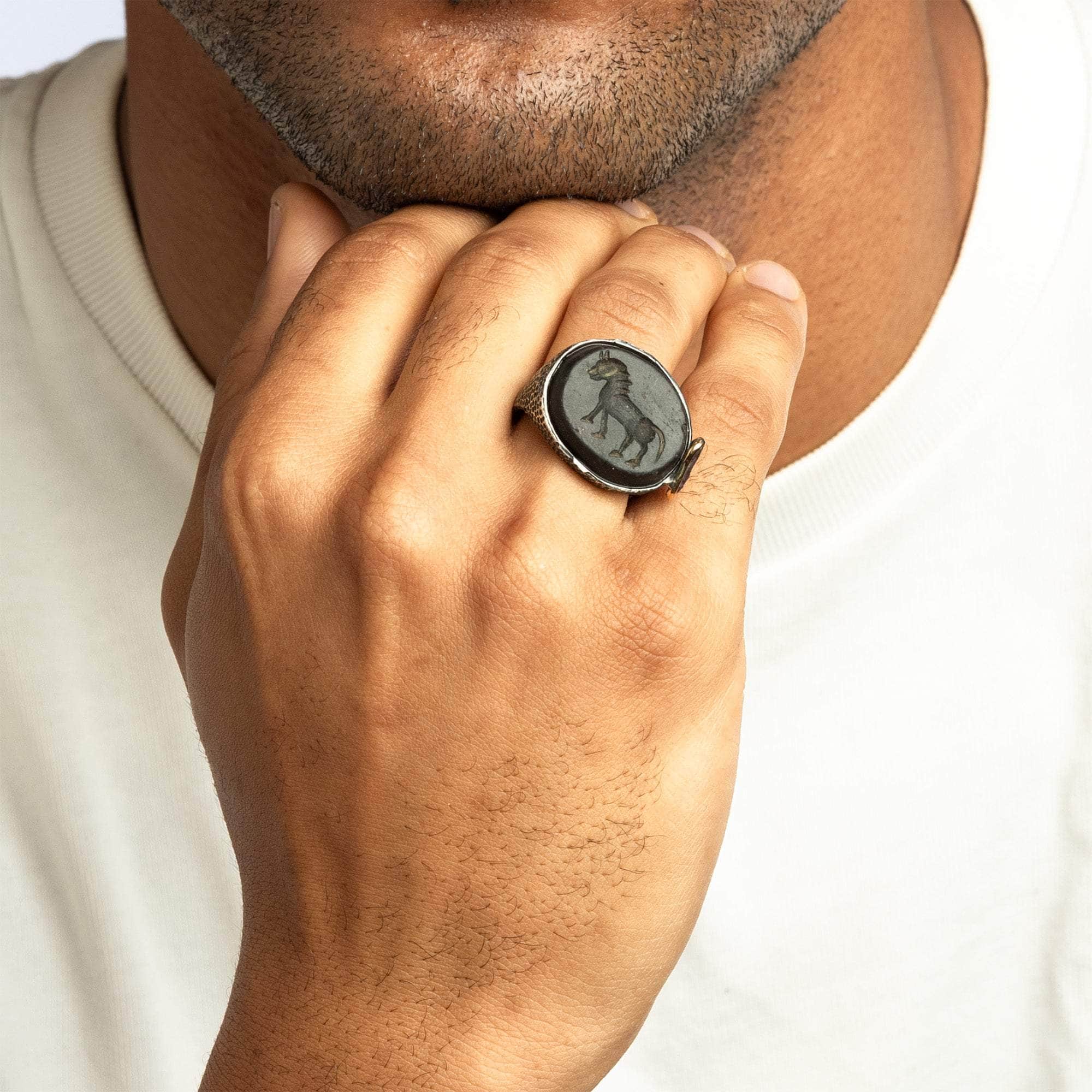 Asp 925 Silver Signet Ring with Genuine Mesopotamian Hematite Horse Seal & Raw Spinel in 9K Gold