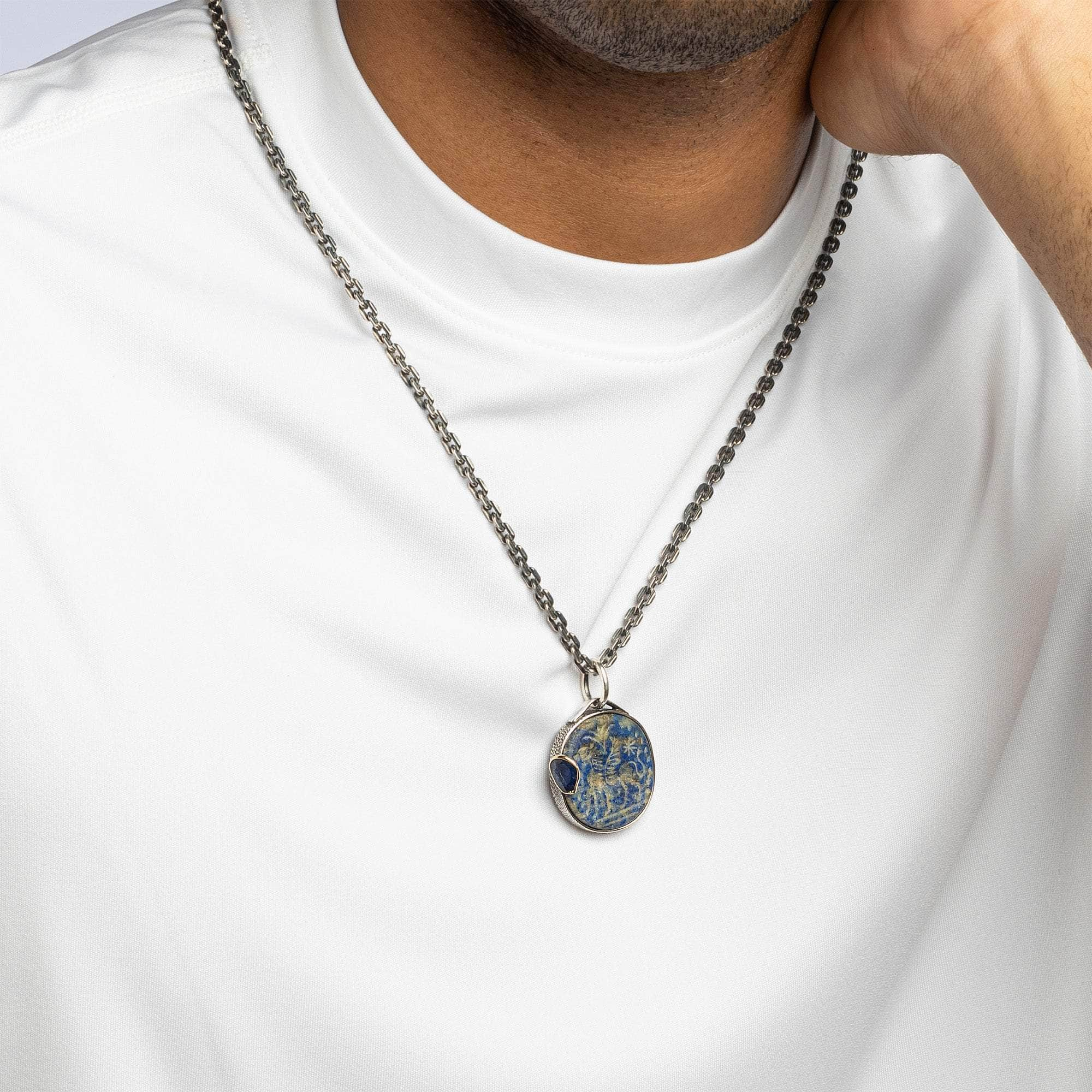 Pterippos Pendant with Authentic Hellenistic Lapis Lazuli Seal in Oxidized 925 Silver & Blue Sapphire in 9K Gold