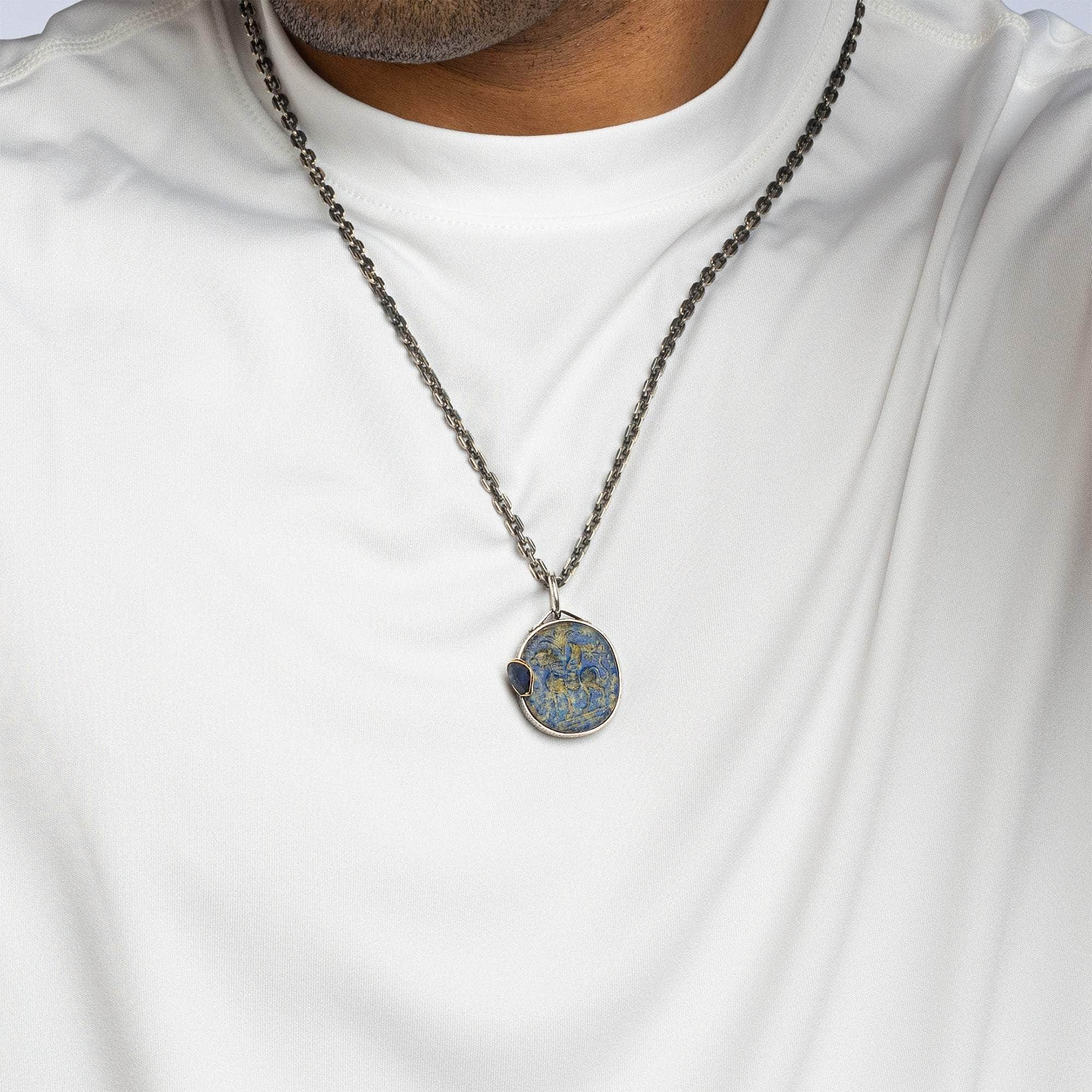 Pterippos Pendant with Authentic Hellenistic Lapis Lazuli Seal in Oxidized 925 Silver & Blue Sapphire in 9K Gold