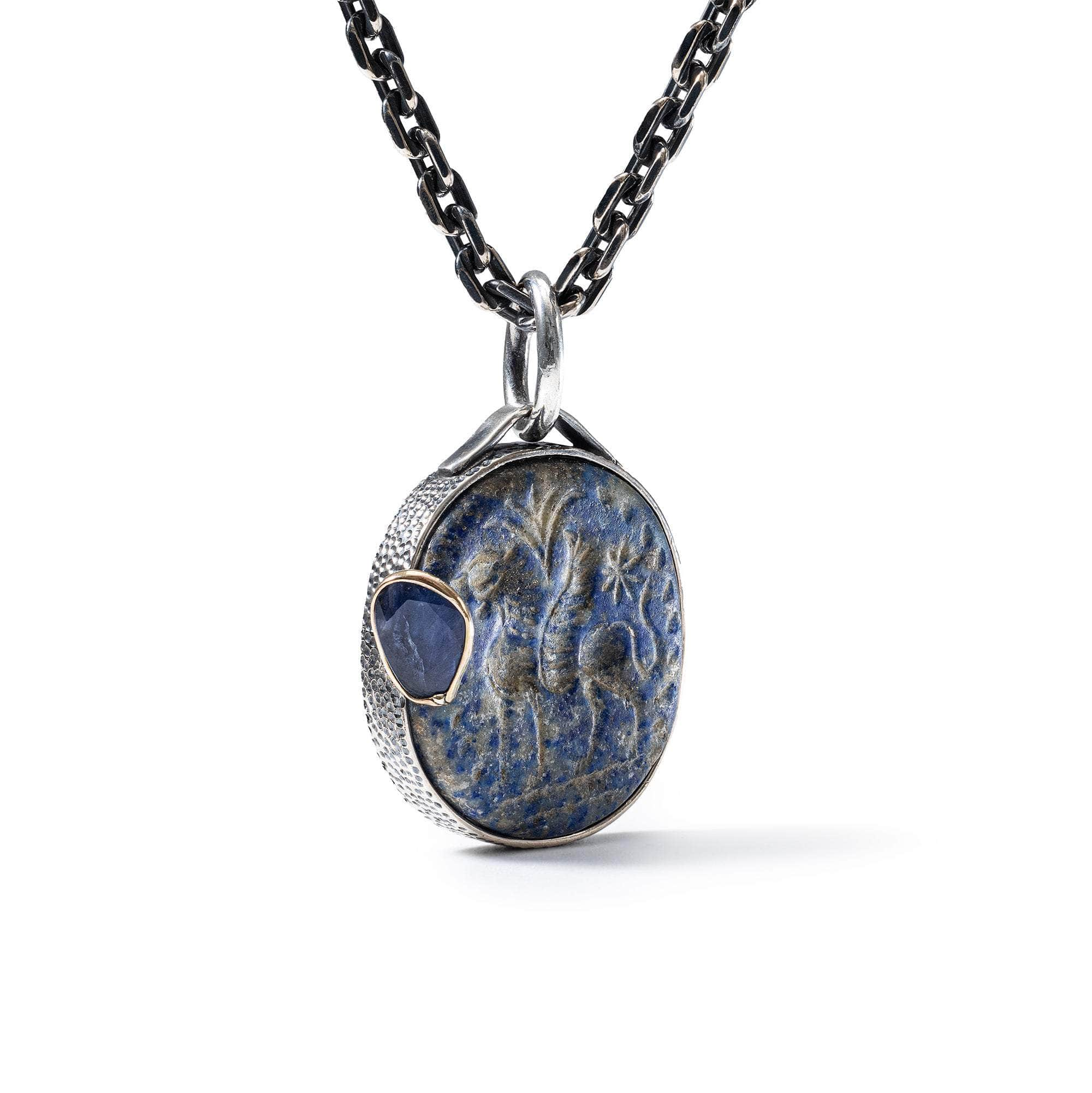 Pterippos Pendant with Authentic Hellenistic Lapis Lazuli Seal in Oxidized 925 Silver & Blue Sapphire in 9K Gold