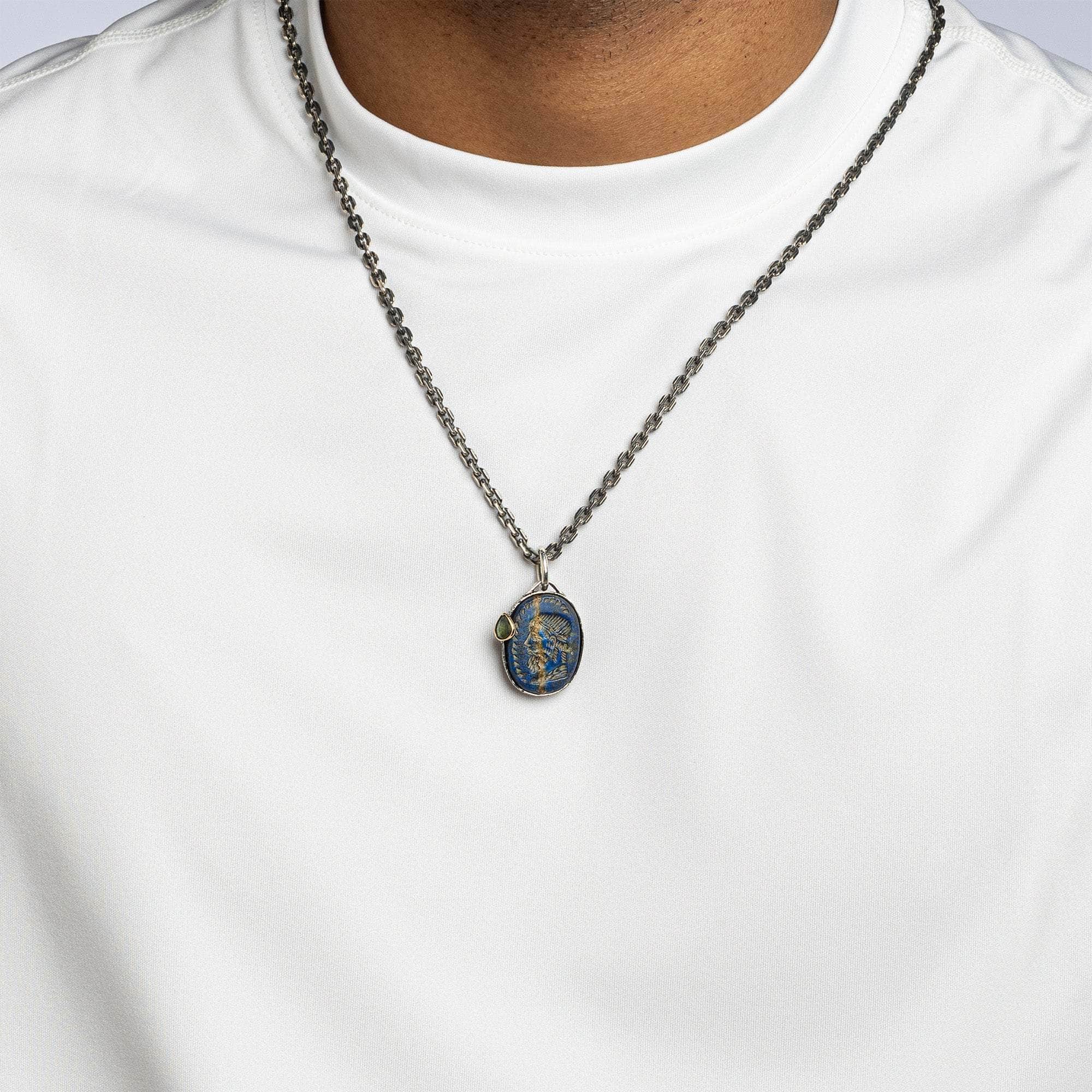 Sophistes Pendant with Authentic Hellenistic Lapis Lazuli Seal in Oxidized 925 Silver & Green Sapphire in 9K Gold