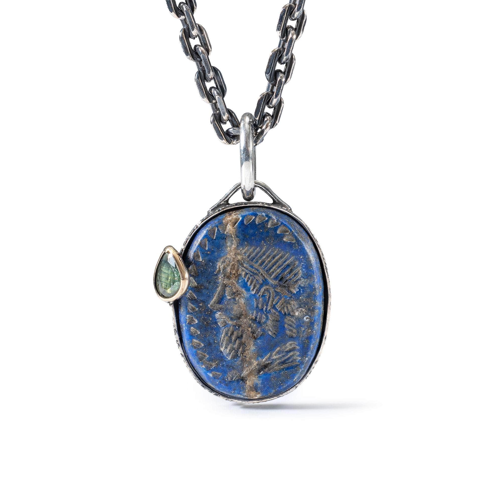 Sophistes Pendant with Authentic Hellenistic Lapis Lazuli Seal in Oxidized 925 Silver & Green Sapphire in 9K Gold
