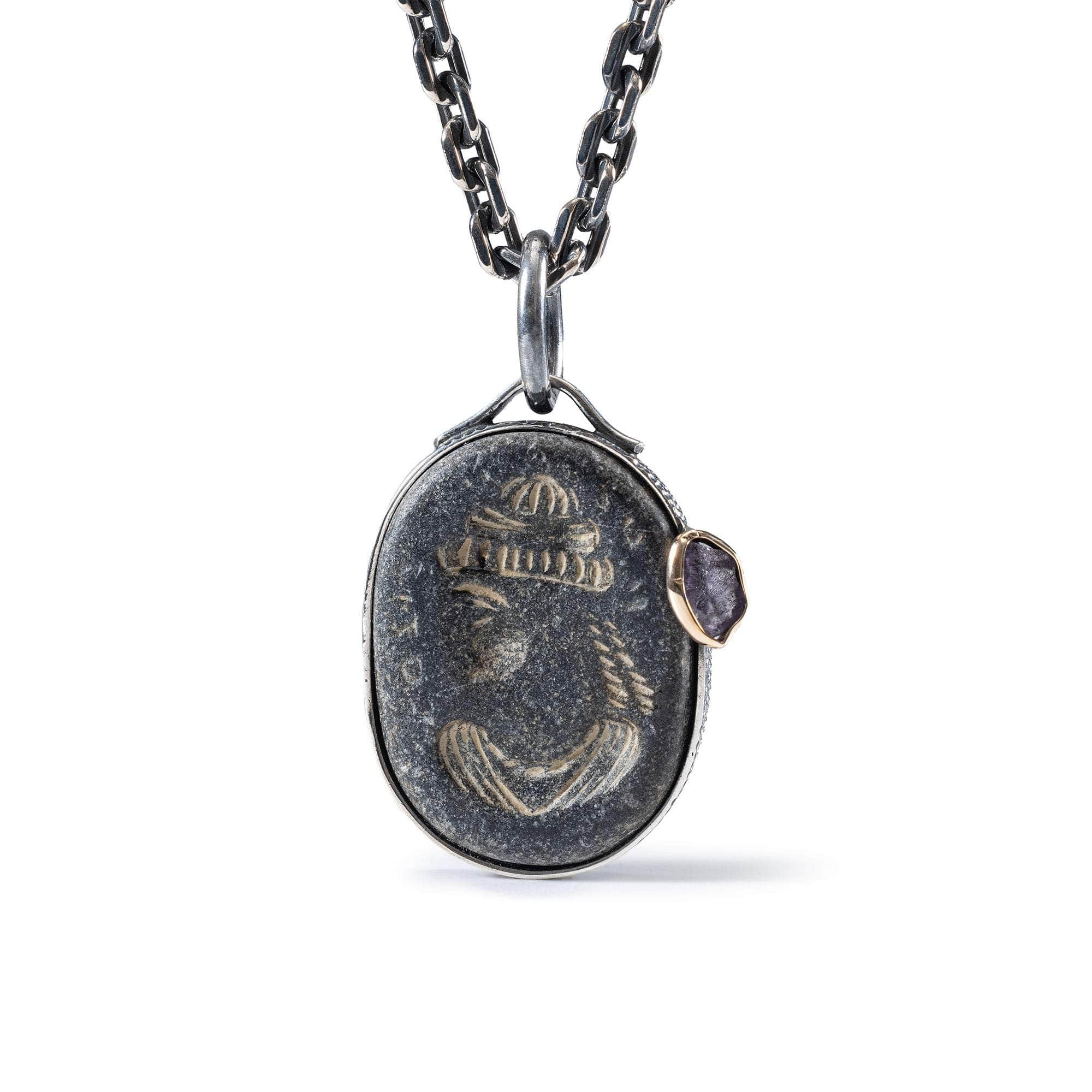 Satrapes Pendant with Authentic Ancient Greek Agate Seal in Oxidized 925 Silver & Raw Pink Sapphire in 9K Gold