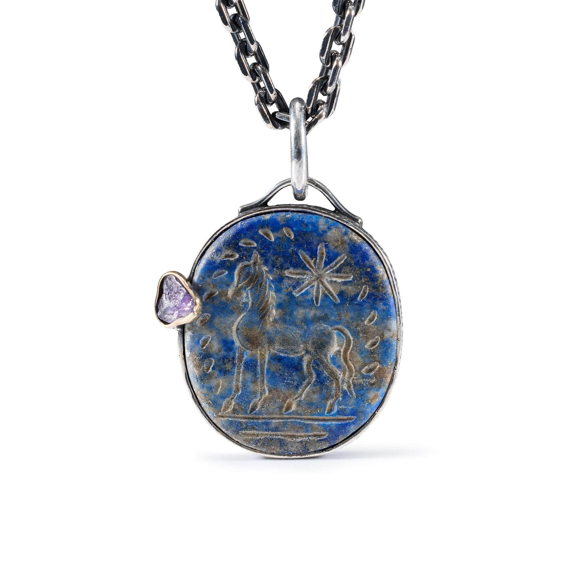 Philippos Pendant with Ancient Greek Lapis Lazuli Seal in Oxidized 925 Silver & Raw Pink Sapphire in 9K Gold