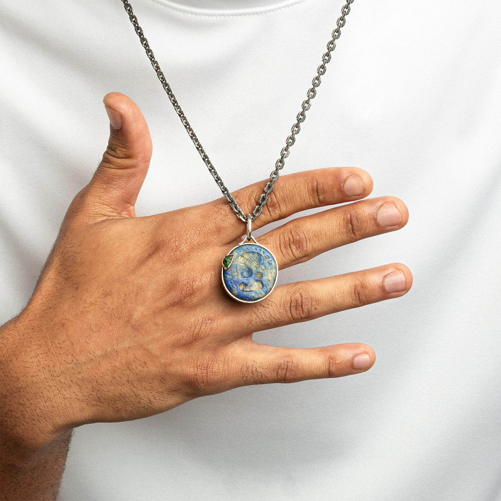Basileios Pendant with Authentic Hellenistic Lapis Lazuli Seal in 925 Silver & Green Tsavorite Garnet in 9K Gold