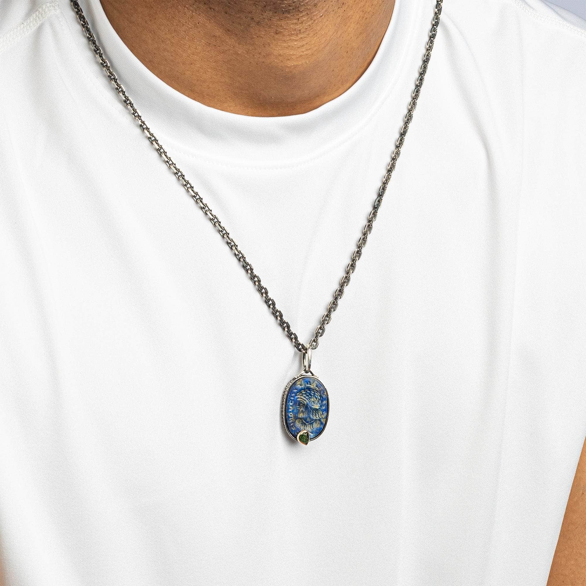 Areios Pendant with Authentic Hellenistic Lapis Lazuli Seal in 925 Silver & Rough Green Tsavorite in 9K Gold