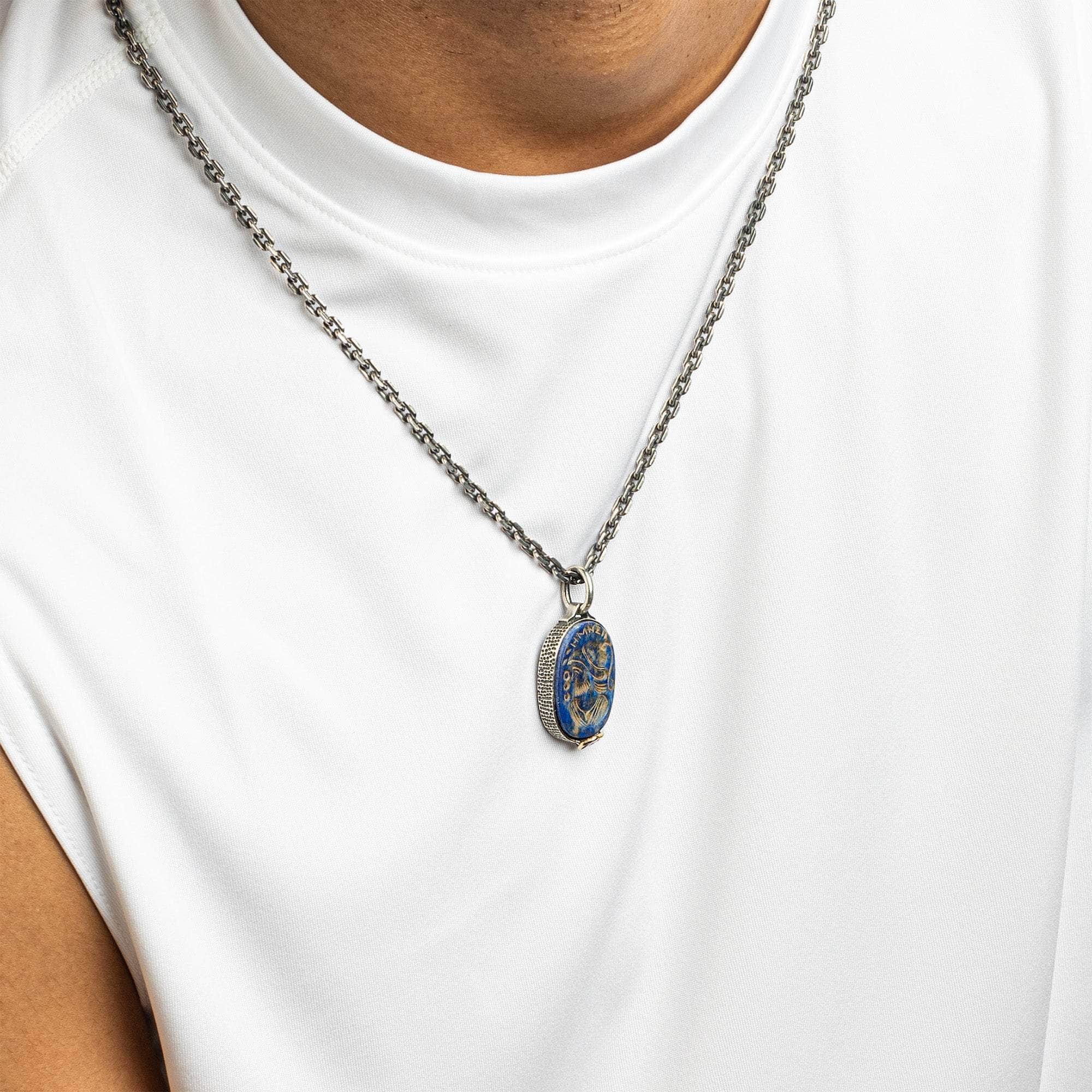 Stratios Pendant with Authentic Hellenistic Lapis Lazuli Seal in 925 Silver & Raw Ruby in 9K Gold