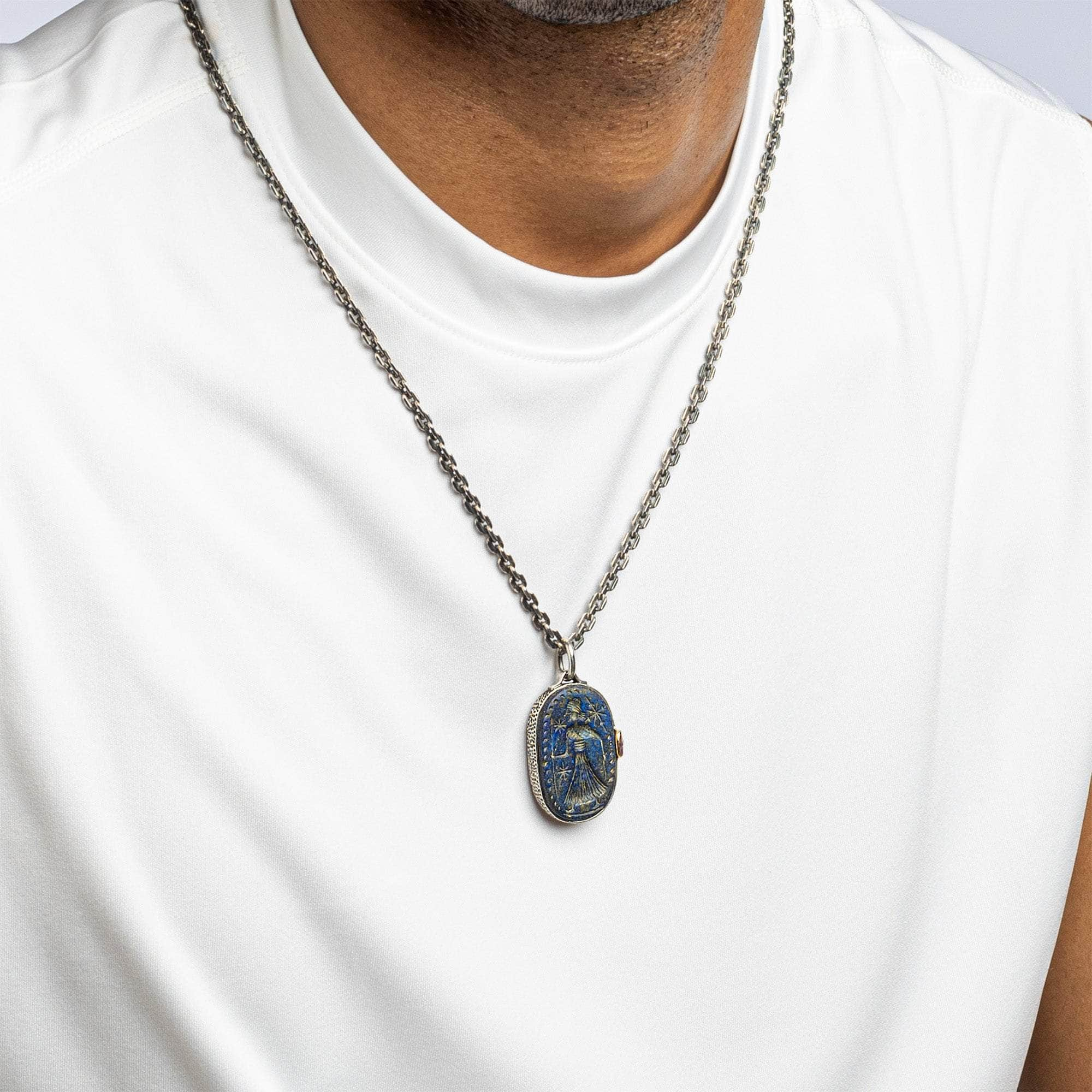 Ourania Pendant with Authentic Hellenistic Lapis Lazuli Seal in 925 Silver & Rough Ruby in 9K Gold