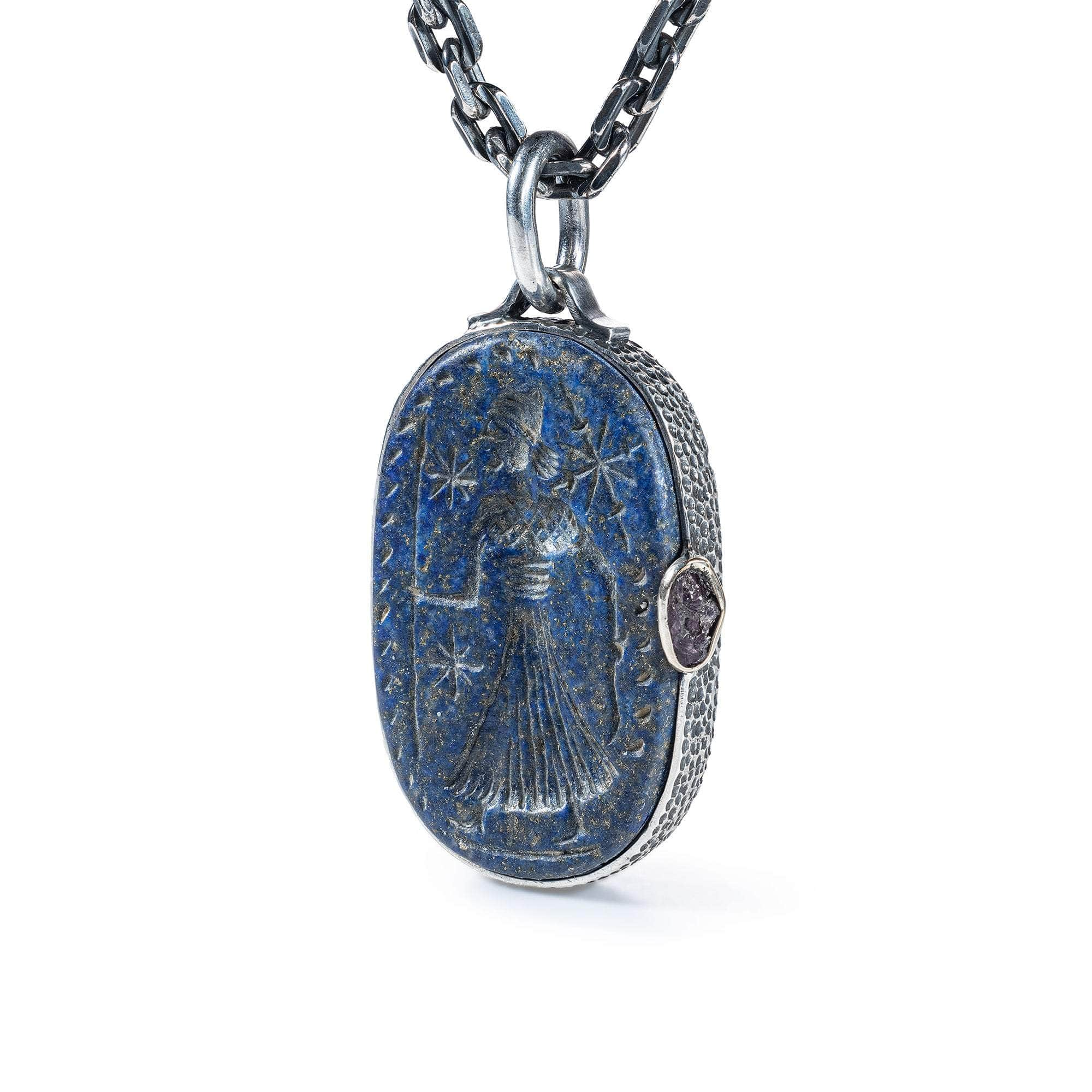 Ourania Pendant with Authentic Hellenistic Lapis Lazuli Seal in 925 Silver & Rough Ruby in 9K Gold