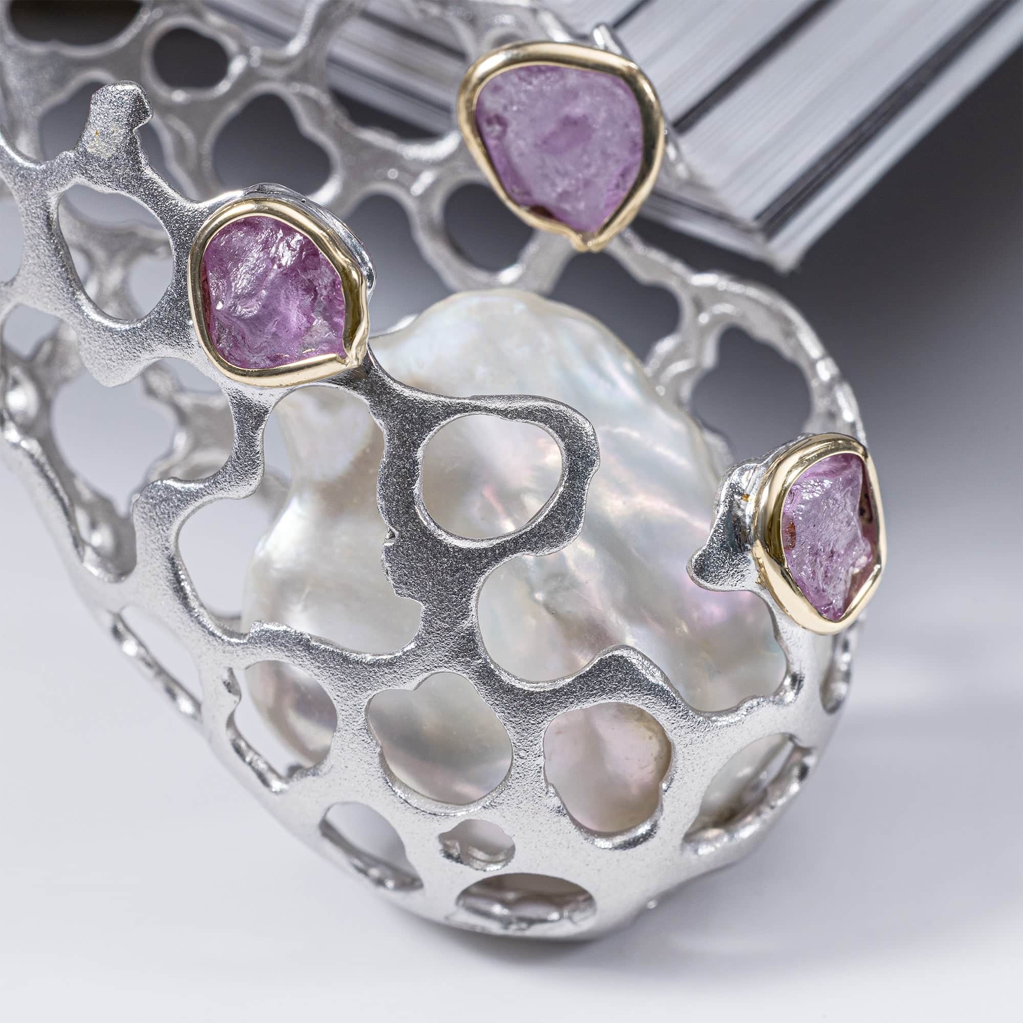 Vayu Singular Edition Pendant in Silver & 9K Gold with Baroque Pearl & Raw Pink Sapphire