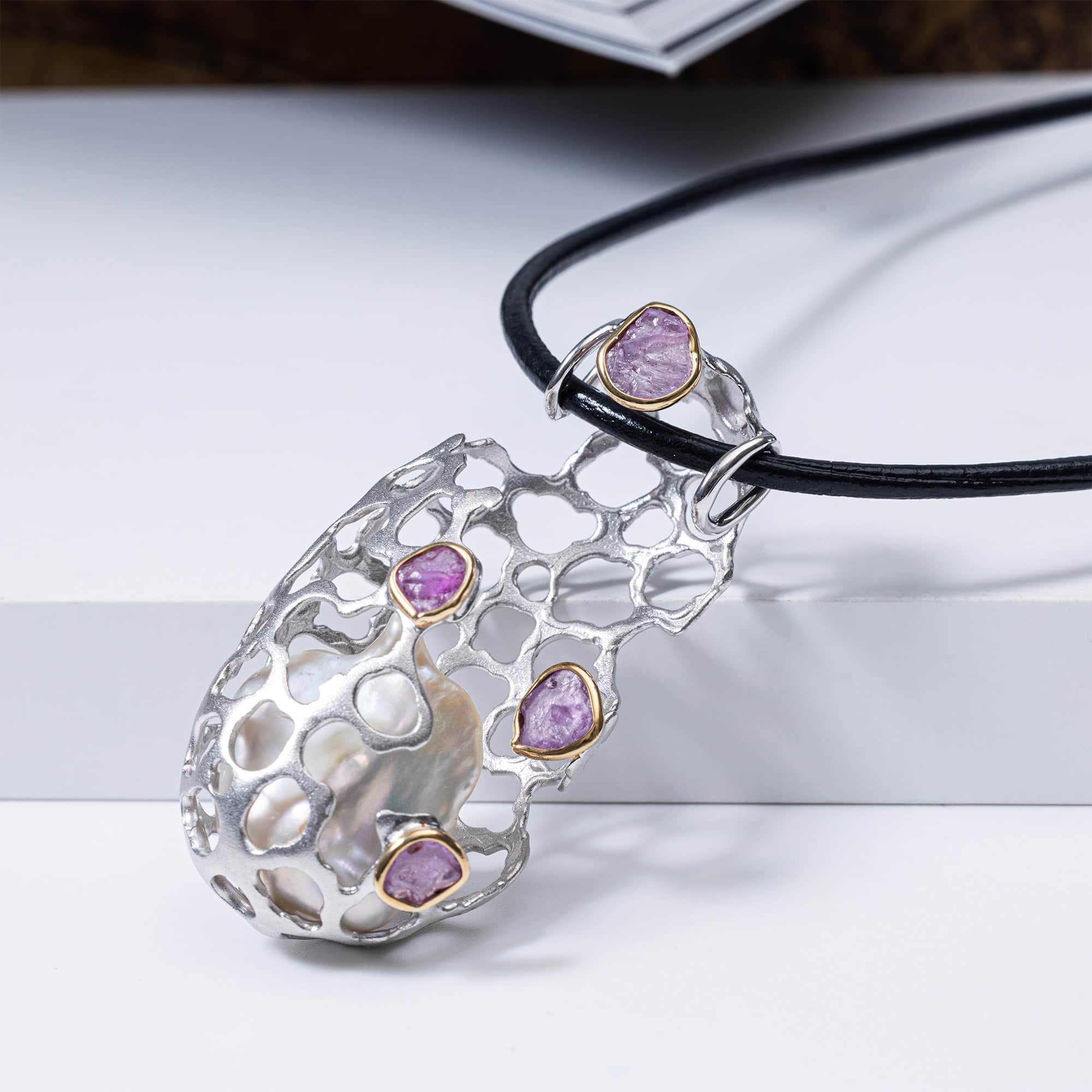 Vayu Singular Edition Pendant in Silver & 9K Gold with Baroque Pearl & Raw Pink Sapphire