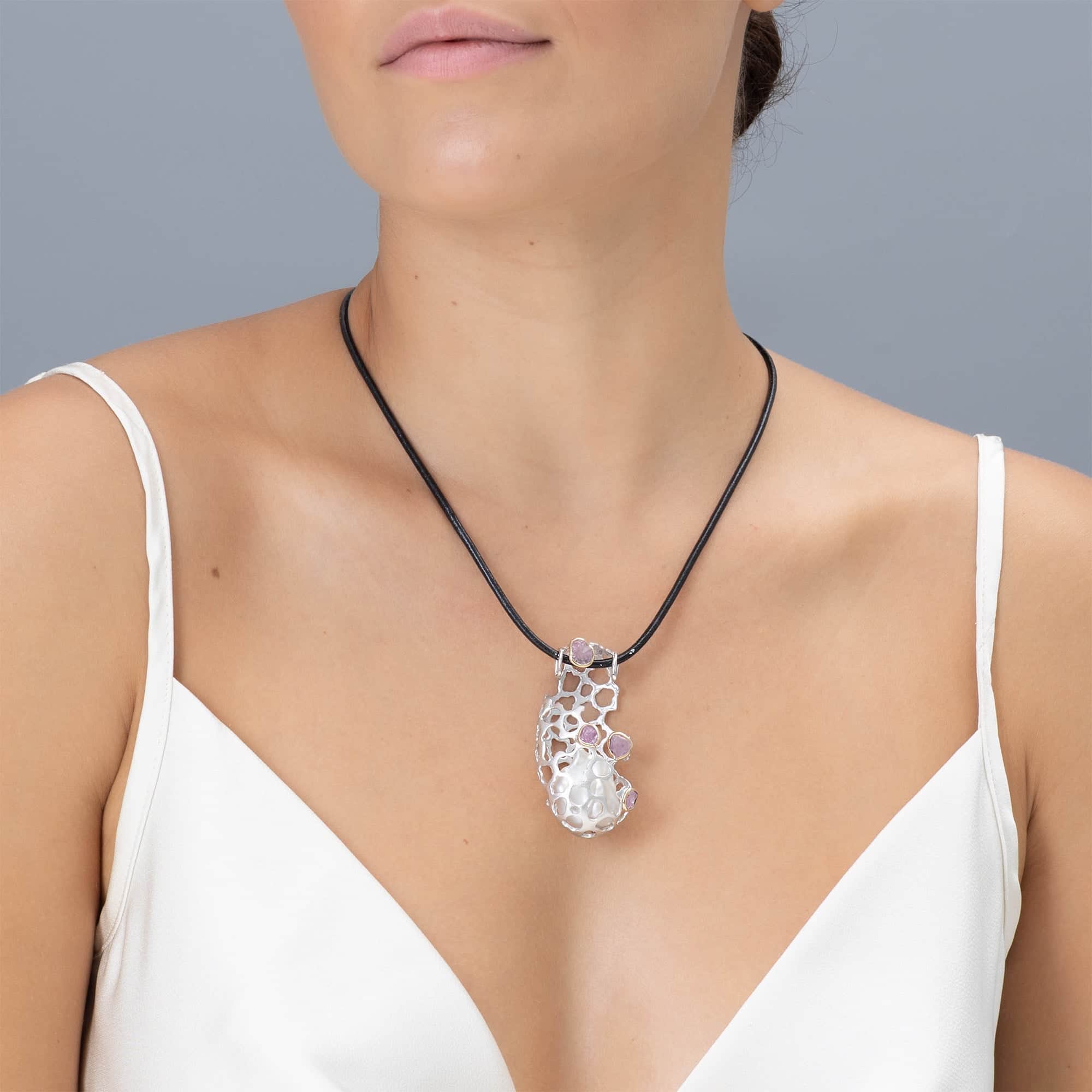 Vayu Singular Edition Pendant in Silver & 9K Gold with Baroque Pearl & Raw Pink Sapphire