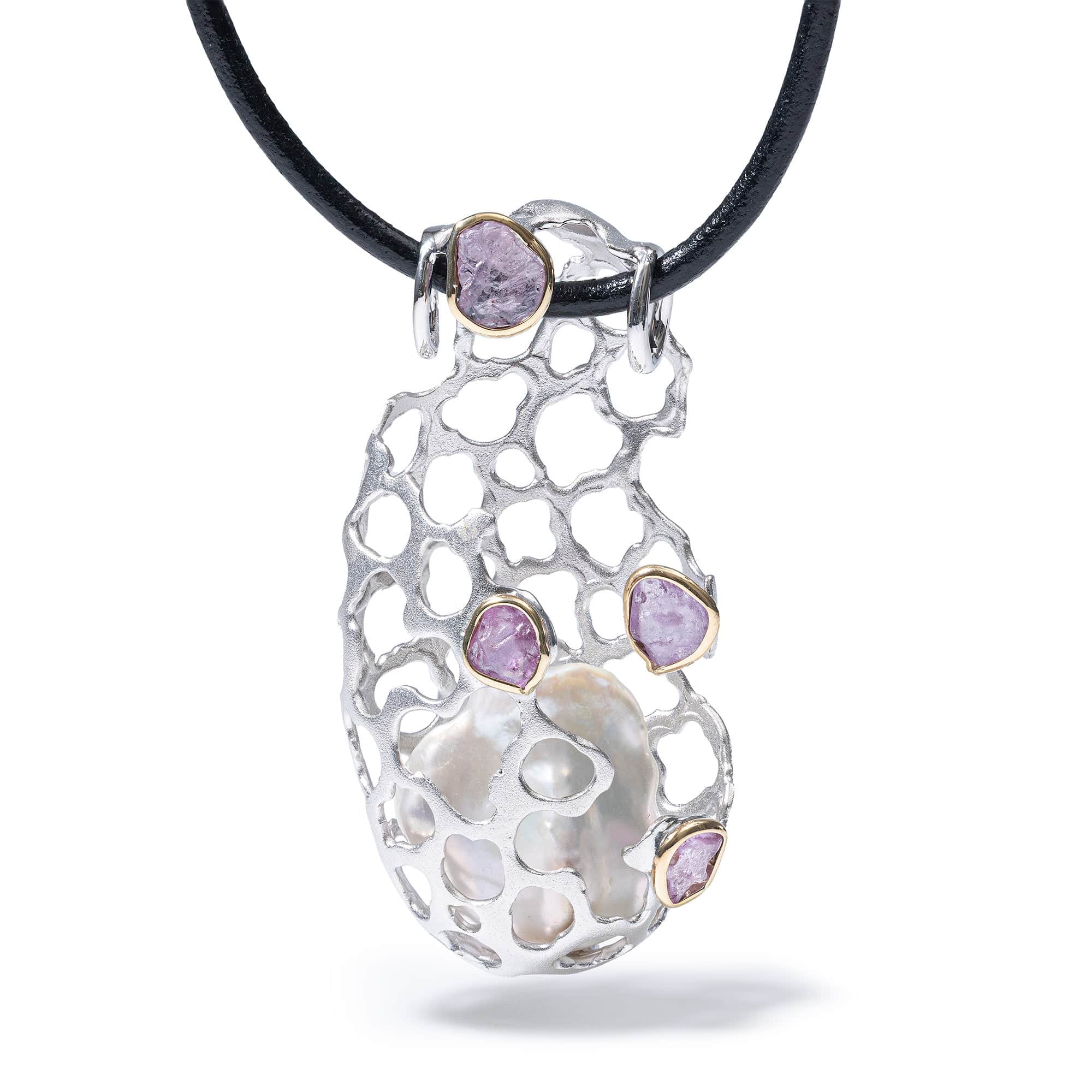 Vayu Singular Edition Pendant in Silver & 9K Gold with Baroque Pearl & Raw Pink Sapphire