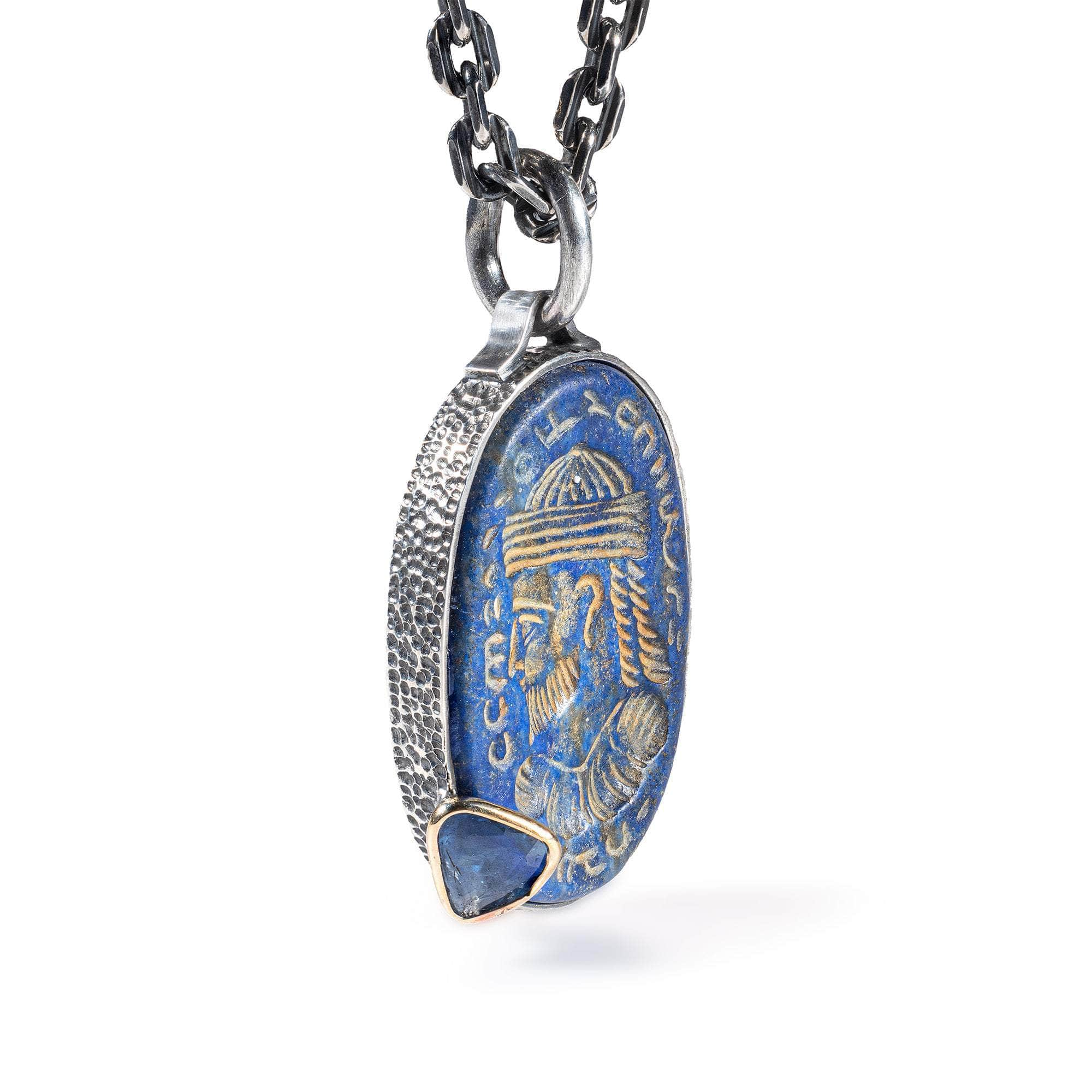 Kyros Singular Pendant with Authentic Lapis Lazuli Seal in 925 Silver & Blue Sapphire in 9K Gold