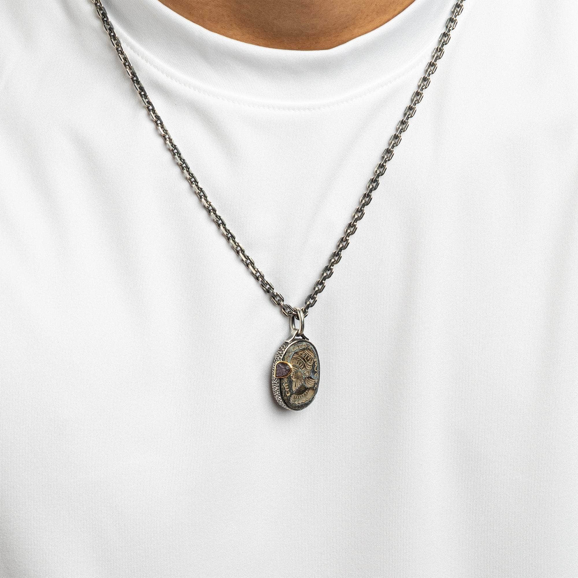 Narseh Pendant with Authentic Ancient Near Eastern Agate Seal in 925 Silver & Raw Pink Sapphire in 9K Gold