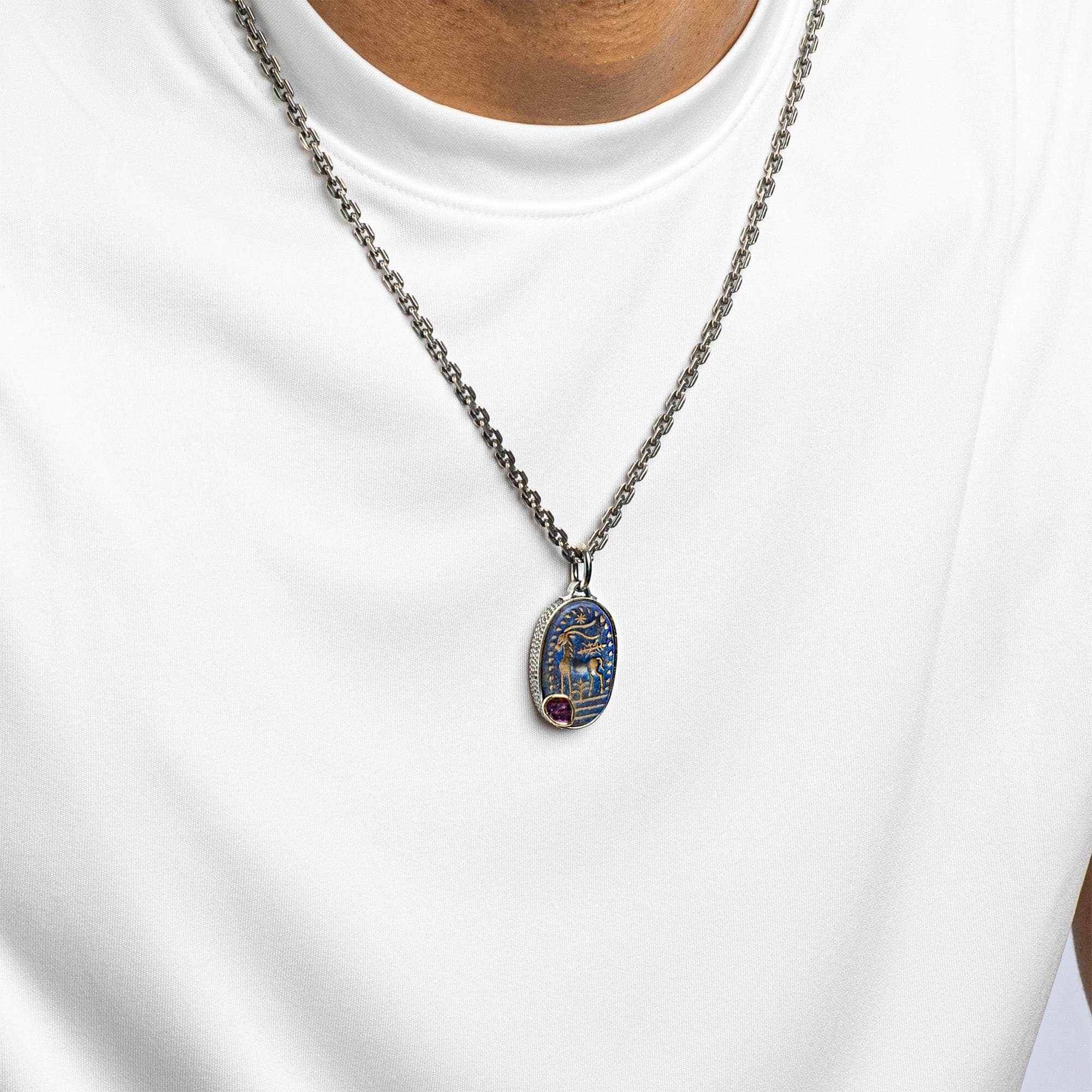 Elaphos Pendant with Authentic Ancient Greek Lapis Lazuli Seal in 925 Silver & Rough Ruby in 9K Gold